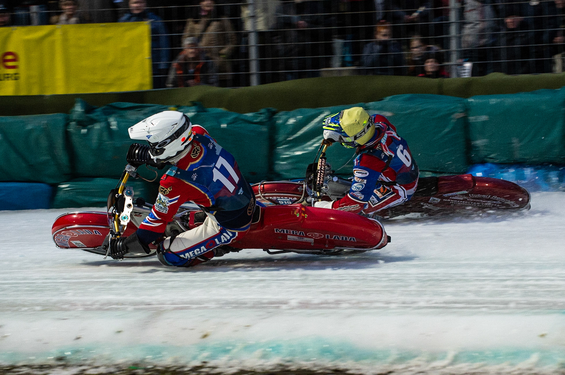 BERLIN GERMANY  - February 29  Igor Kononov (White) inside team mate Dmitri Khomitsevich (Yellow) of Russia  during theIce Speedway of Nations (Day 1) at the Horst-Dohm-Eisstadion, Berlin,  on Saturday 29 February 2020. (Credit: Ian Charles | MI News)