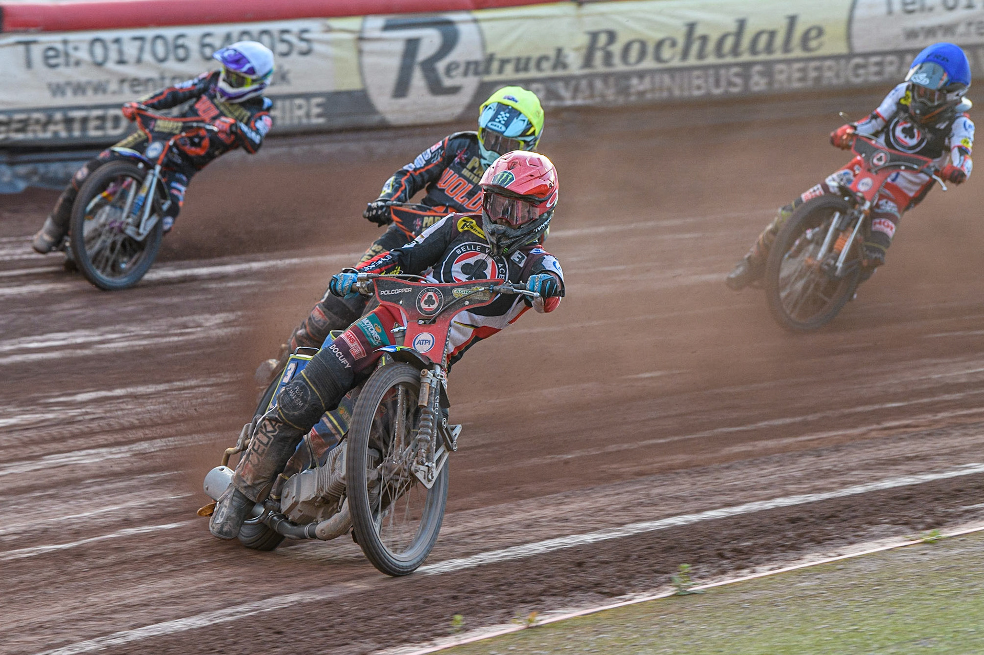 Jaimon Lidsey (Red) leads Ryan Douglas (Yellow) Rory Schlein (White) and Jack Smith (Blue) during the Sports Insure Premiership match between Belle Vue Aces and Wolverhampton Wolves at the National Speedway Stadium, Manchester on Monday 3rd July 2023. (Photo: Ian Charles | MI News)