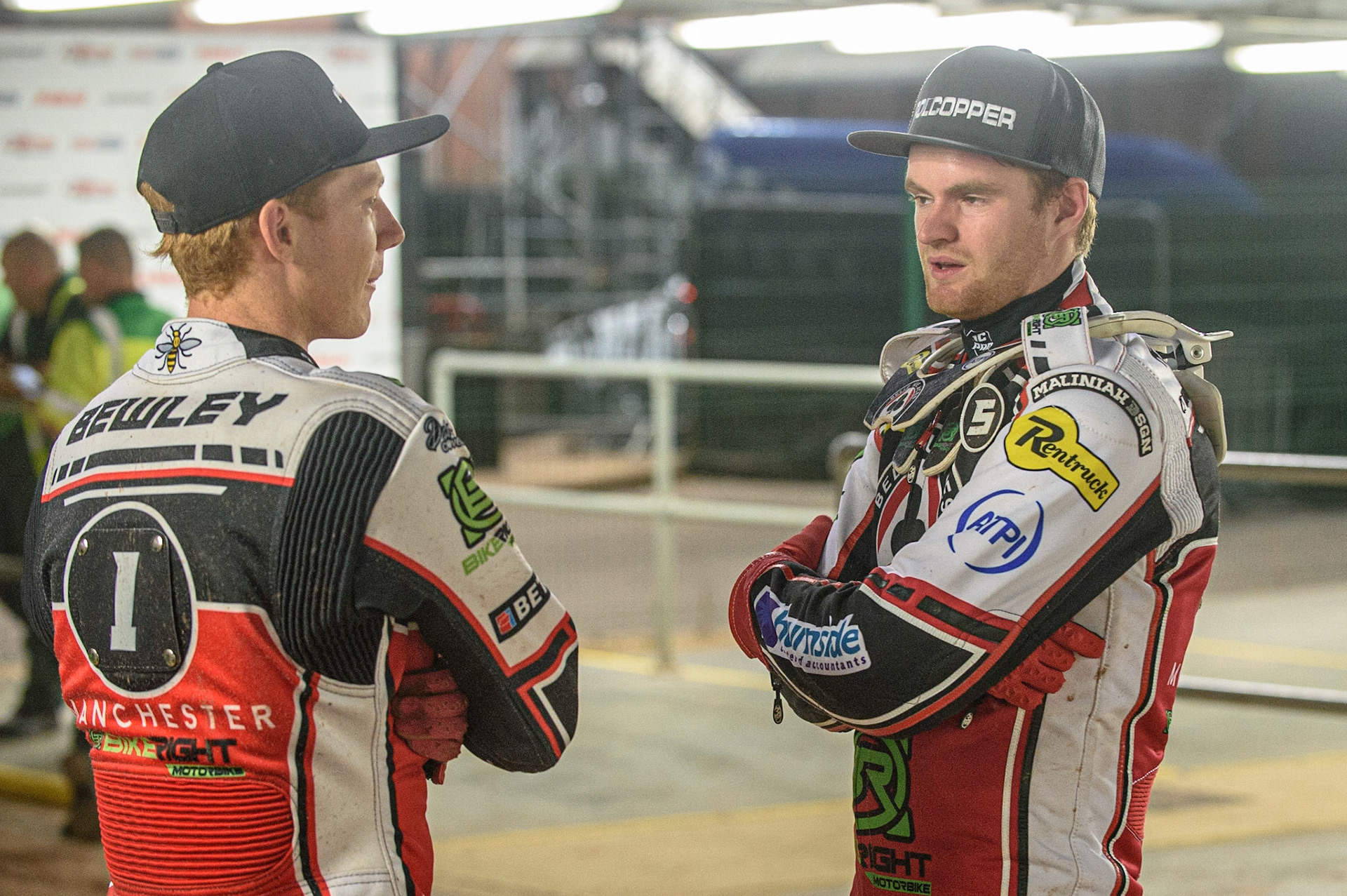 MANCHESTER, UK. AUGUST 23RD    Dan Bewley  (left) chats with Brady Kurtz  during the SGB Premiership match between Belle Vue Aces and King's Lynn Stars at the National Speedway Stadium, Manchester on Monday 23rd August 2021. (Credit: Ian Charles | MI News)