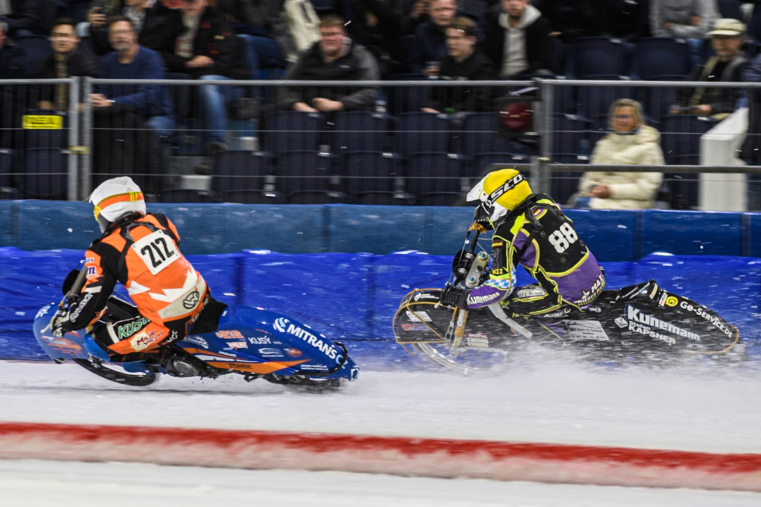 Lukas Hutla (212) of the Czech Republic in White rides inside’Max Niedermaier  (88) of Germany in Yellow during the FIM Ice Speedway Gladiators World Championship, Final 3 at the Ice Stadium, Thialf, Heerenveen on Saturday 5th April 2025. (Photo: Ian Charles | MI News)