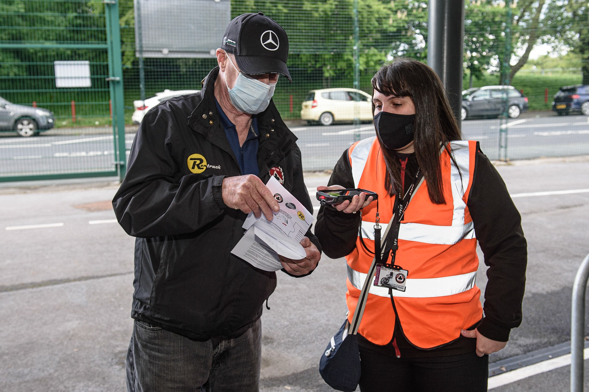 MANCHESTER, UK. MAY 17THA fan has his ticket checked to get into the Stadium during the SGB Premiership match between Belle Vue Aces and Sheffield Tigers at the National Speedway Stadium, Manchester on Monday 17th May 2021. (Credit: Ian Charles | MI News)