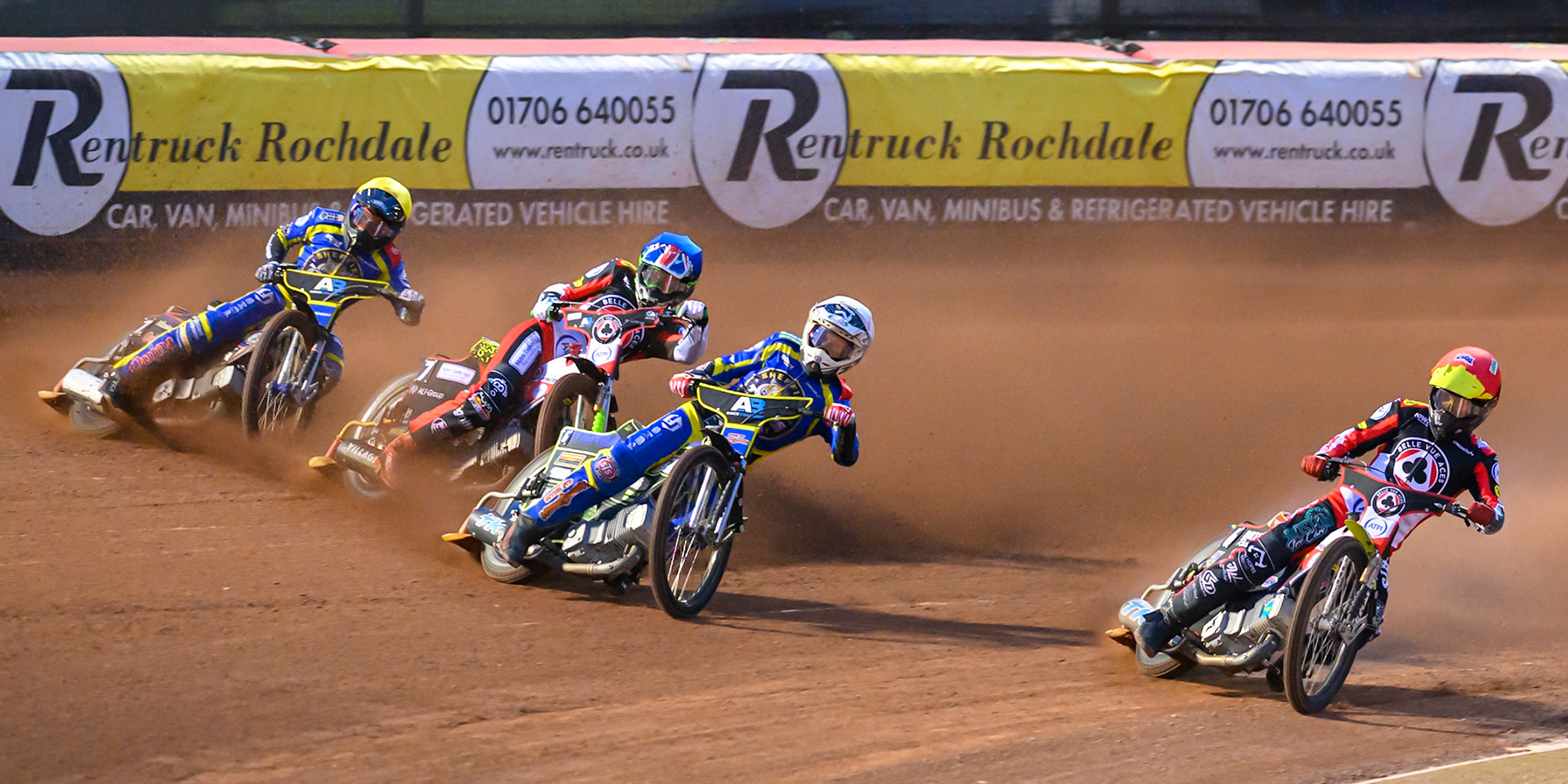 Jye Etheridge of Sheffield Tigers in White Tate Zischke of Belle Vue Aces in Red , William Cairns of Belle Vue Aces in Blue  and Luke Killeen of Sheffield Tigers in Yellow leading \during the Rowe Motor Oil Premiership match between Belle Vue Aces and Sheffield Tigers at the National Speedway Stadium, Manchester on Monday 14th September 2026. (Photo: Ian Charles | MI News)
