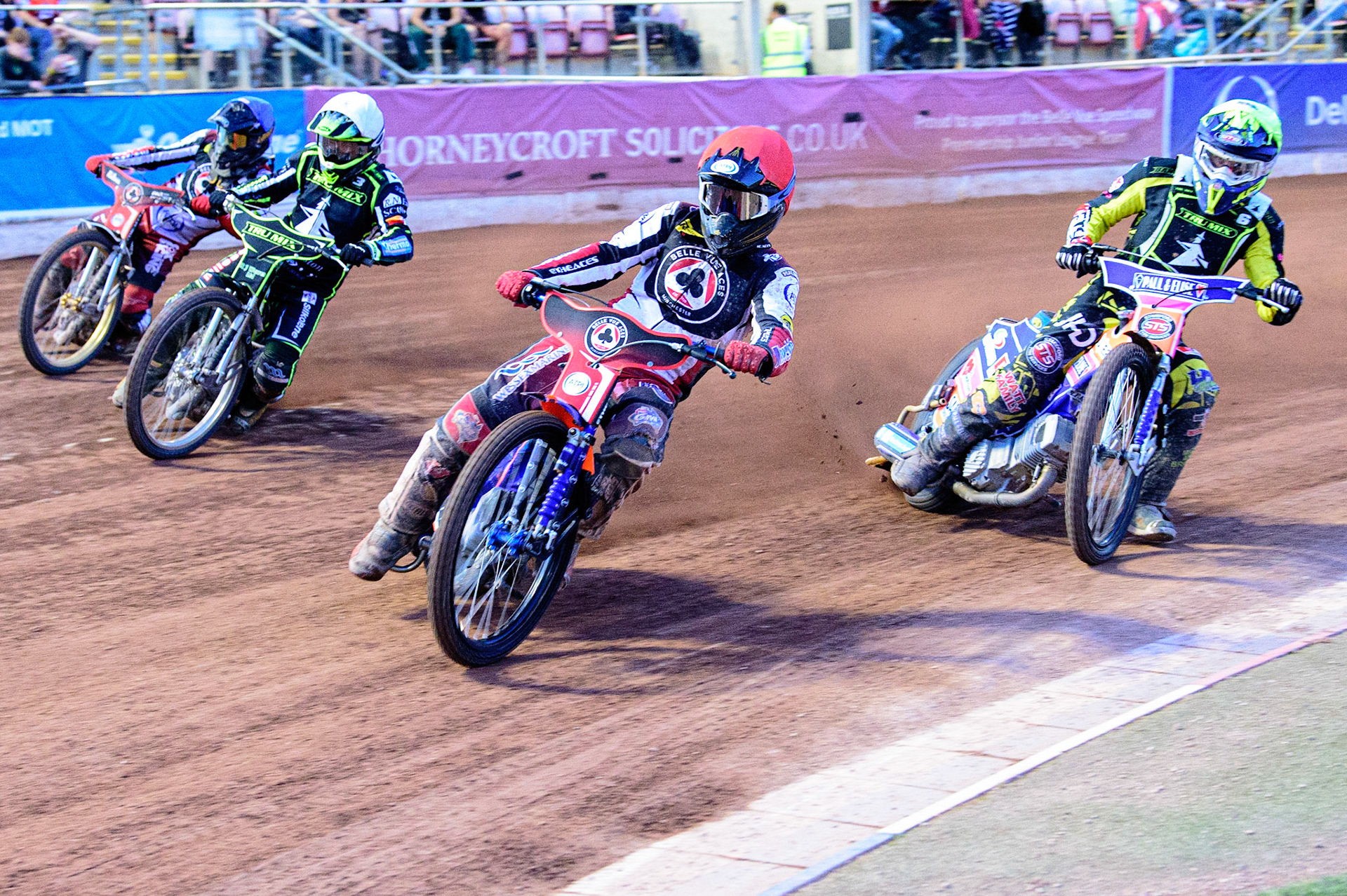 Brady Kurtz (Red) leads Aaron Summers  (Yellow), Danny King  (White) and Norick Blodorn  (Blue) during the SGB Premiership match between Belle Vue Aces and Ipswich Witches at the National Speedway Stadium, Manchester on Monday 8th August 2022. (Credit: Ian Charles | MI News)