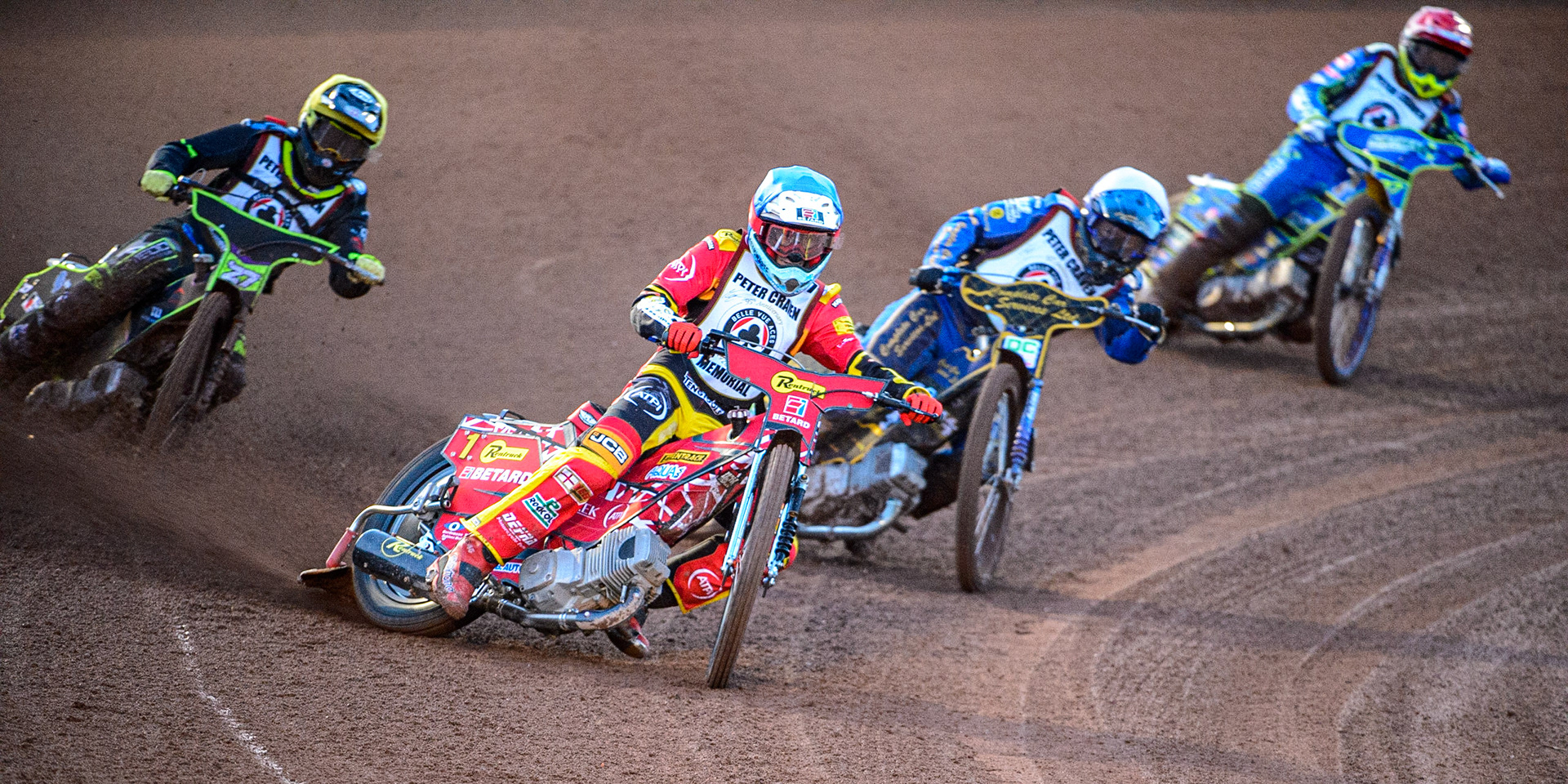 Max Fricke  (Blue) leads Kyle Howarth  (White), Tom Brennan (Yellow) and Chris Harris  (Red) during the Peter Craven Memorial Trophy  at the National Speedway Stadium, Manchester on Monday 3rd April 2023. (Photo: Ian Charles | MI News)