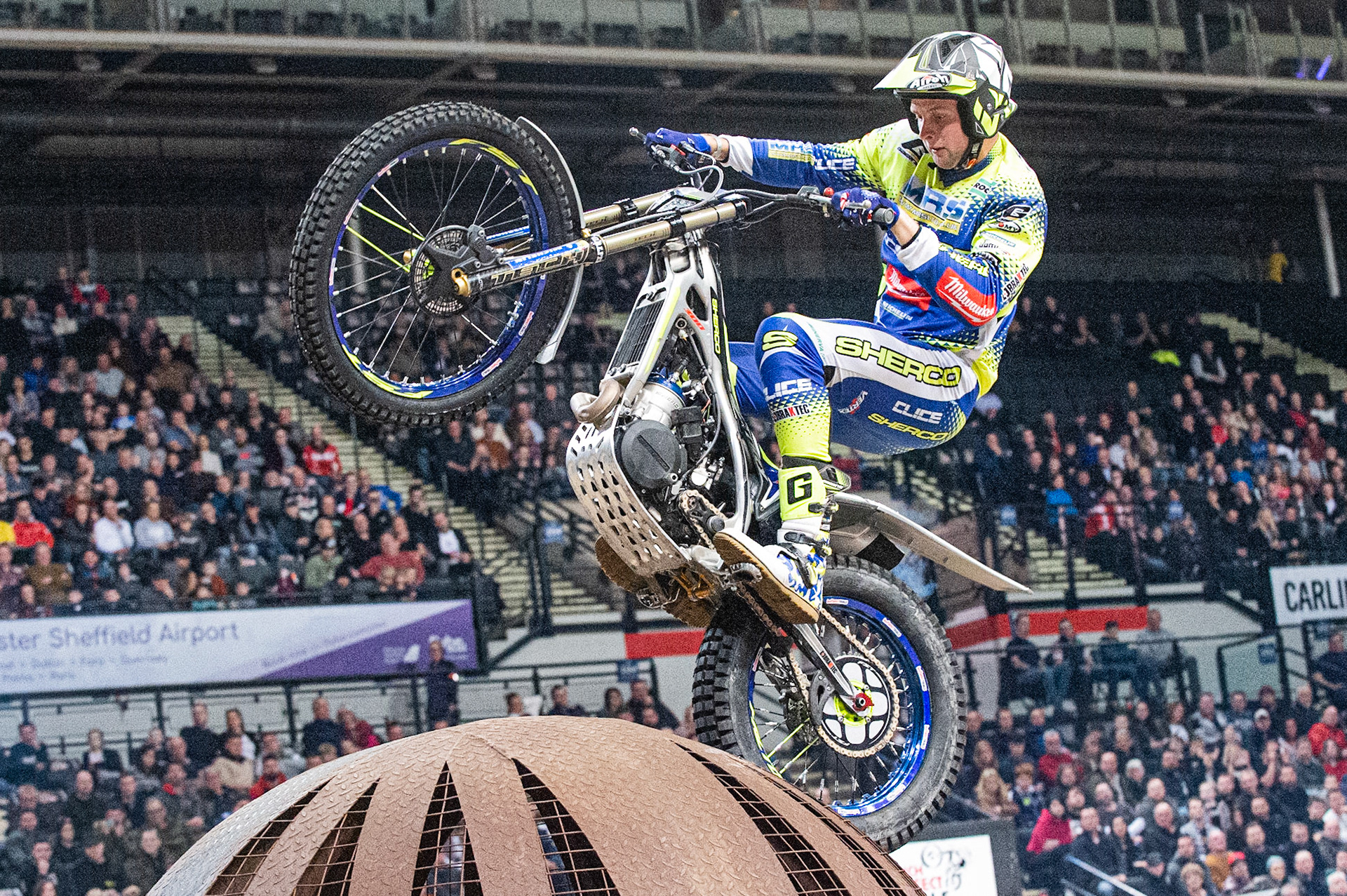 SHEFFIELD, ENGLAND  - DECEMBER 28TH  Jack Peace, UK (Sherco) on the globe  during the 25th Anniversary Sheffield Indoor Trial at the FlyDSA Arena, Sheffield on Saturday 28th December 2019. (Credit: Ian Charles | MI News)