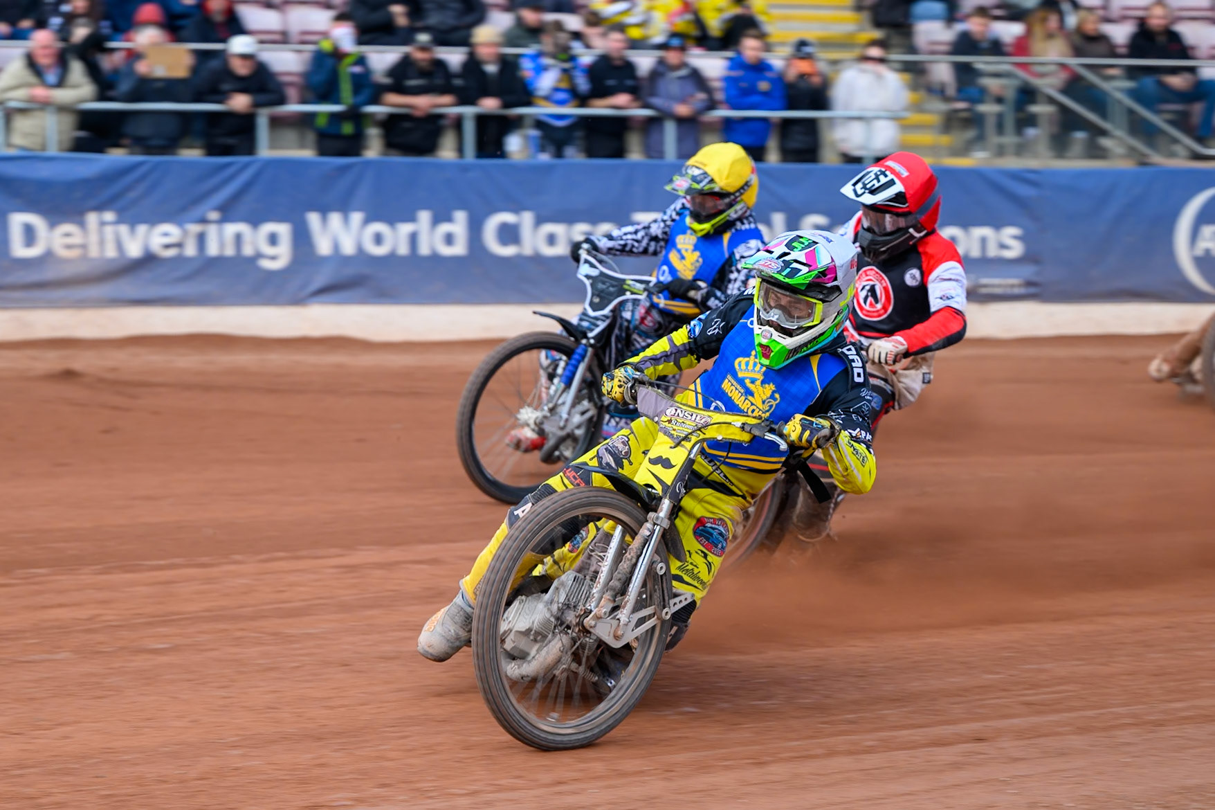 Monarchs' Dayle Wood in White leading Belle Vue Colts' Guest Rider Ben Morley in Red and Monarchs' Luke Crang in Yellow during the WSRA National Development League match between Belle Vue Aces and Edinburgh Academy at the National Speedway Stadium, Manchester on Sunday 12th October 2025. (Photo: Ian Charles | MI News)