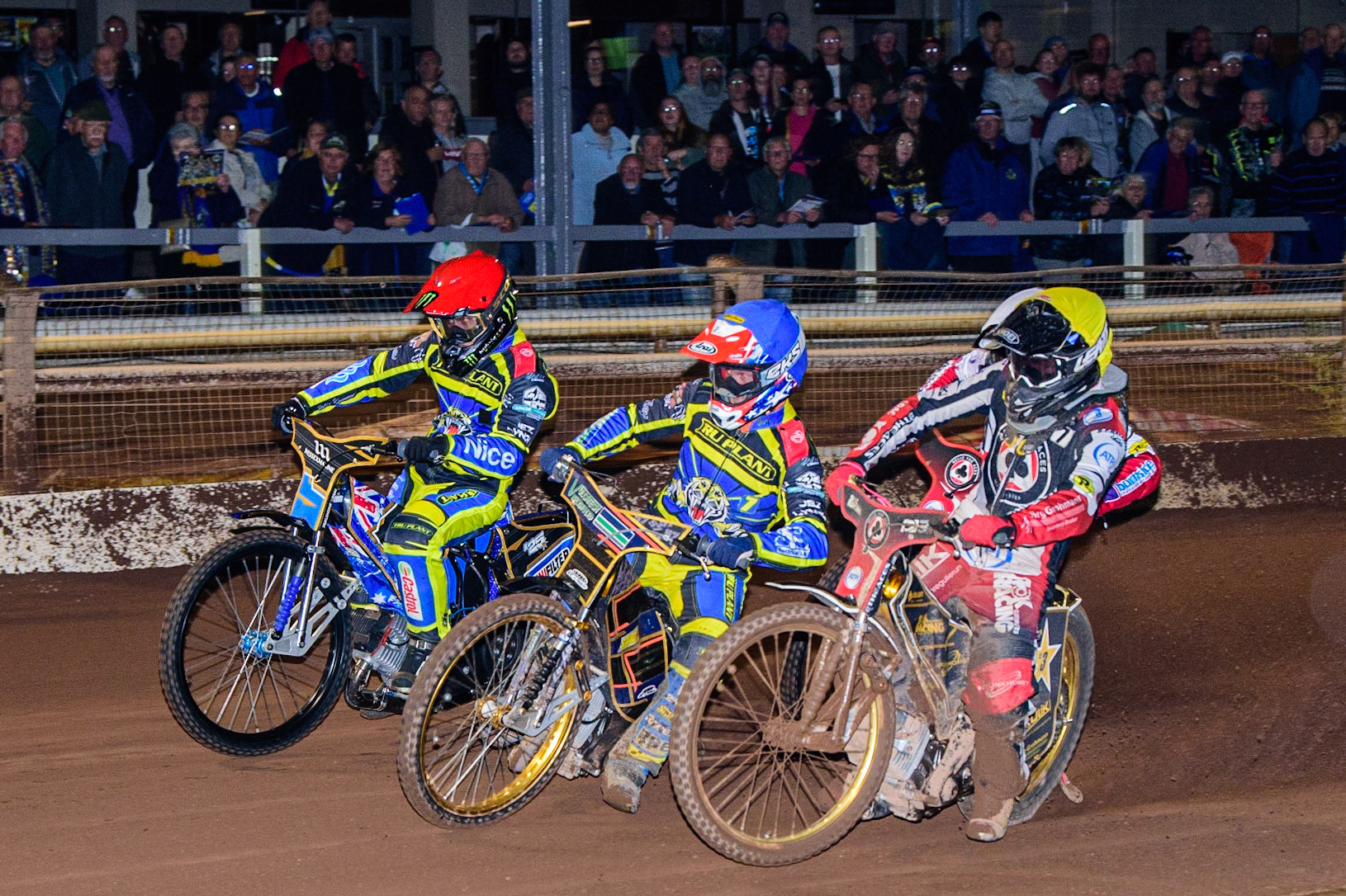 Norick Blodorn  (Yellow) leads Connor Mountain (Blue) and Jack Holder (Red) with Brady Kurtz (White) behind during the SGB Premiership match between Sheffield Tigers and Belle Vue Aces at Owlerton Stadium, Sheffield on Thursday 22nd September 2022. (Credit: Ian Charles | MI News)