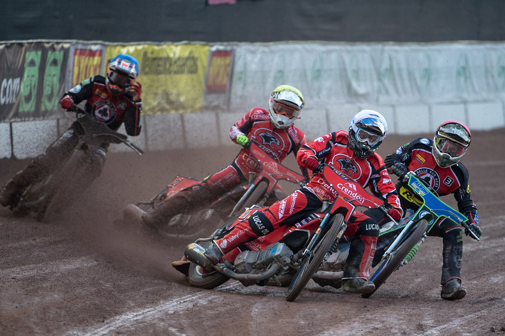 Photo by Ian Charles:

Rohan Tungate  (White) leads Dan Bewley (Red), Lasse Bjerre  (Yellow) and Ricky Wells (Blue)

Belle Vue Aces v Peterborough Panthers, British Speedway Premiership, National Speedway Stadium, Manchester, Monday, 29, April, 2019