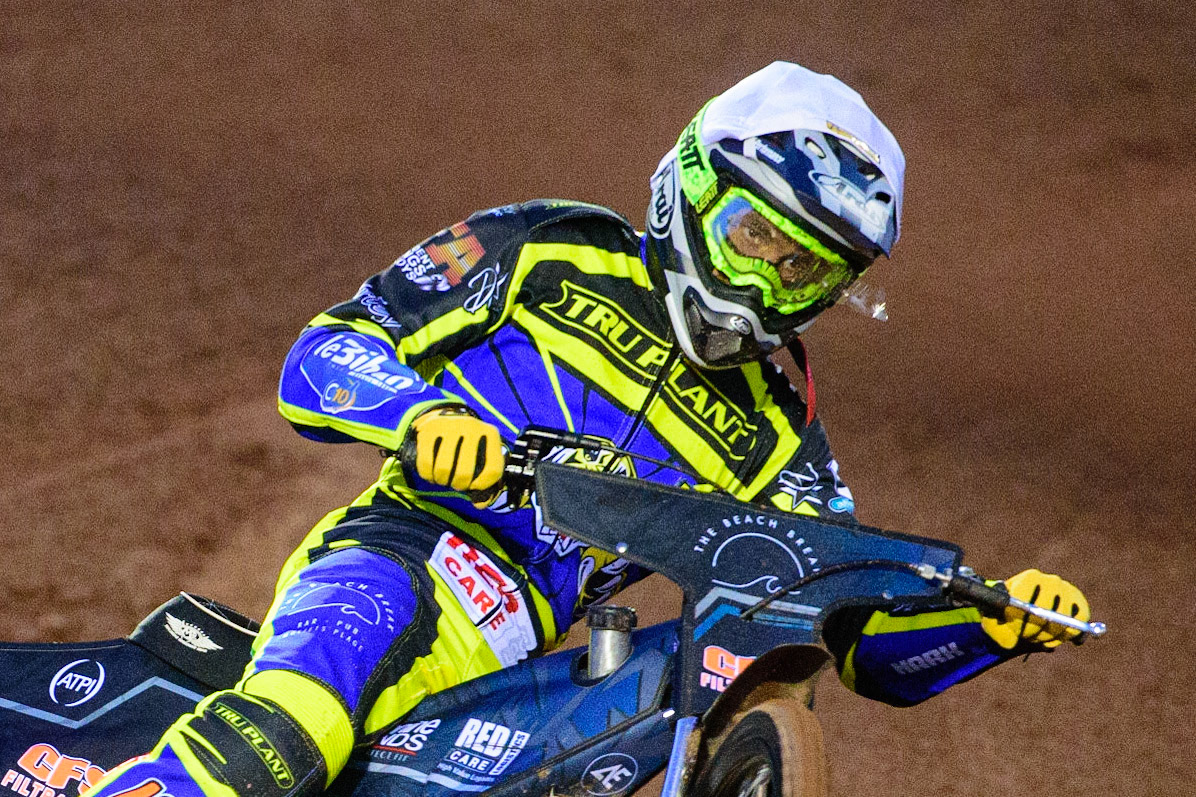 MANCHESTER, UK.  MAR 28TH.  Adam Ellis of Sheffield  in action  during the SGB Premiership League Cup match between Belle Vue Aces and Sheffield Tigers at the National Speedway Stadium, Manchester on Monday 28th March 2022. (Credit: Ian Charles | MI News)