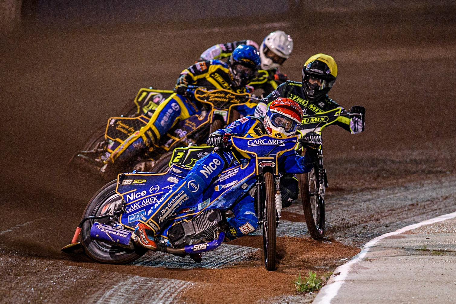 Robert Lambert (Red) leads  Erik Riss (Yellow) Kyle Howarth (Blue) and Emil Sayfutdinov (White) during the Sports Insure Premiership Grand Final Second Leg match between Sheffield Tigers and Ipswich Witches at Owlerton Stadium, Sheffield on Thursday 5th October 2023. (Photo: Ian Charles | MI News)
