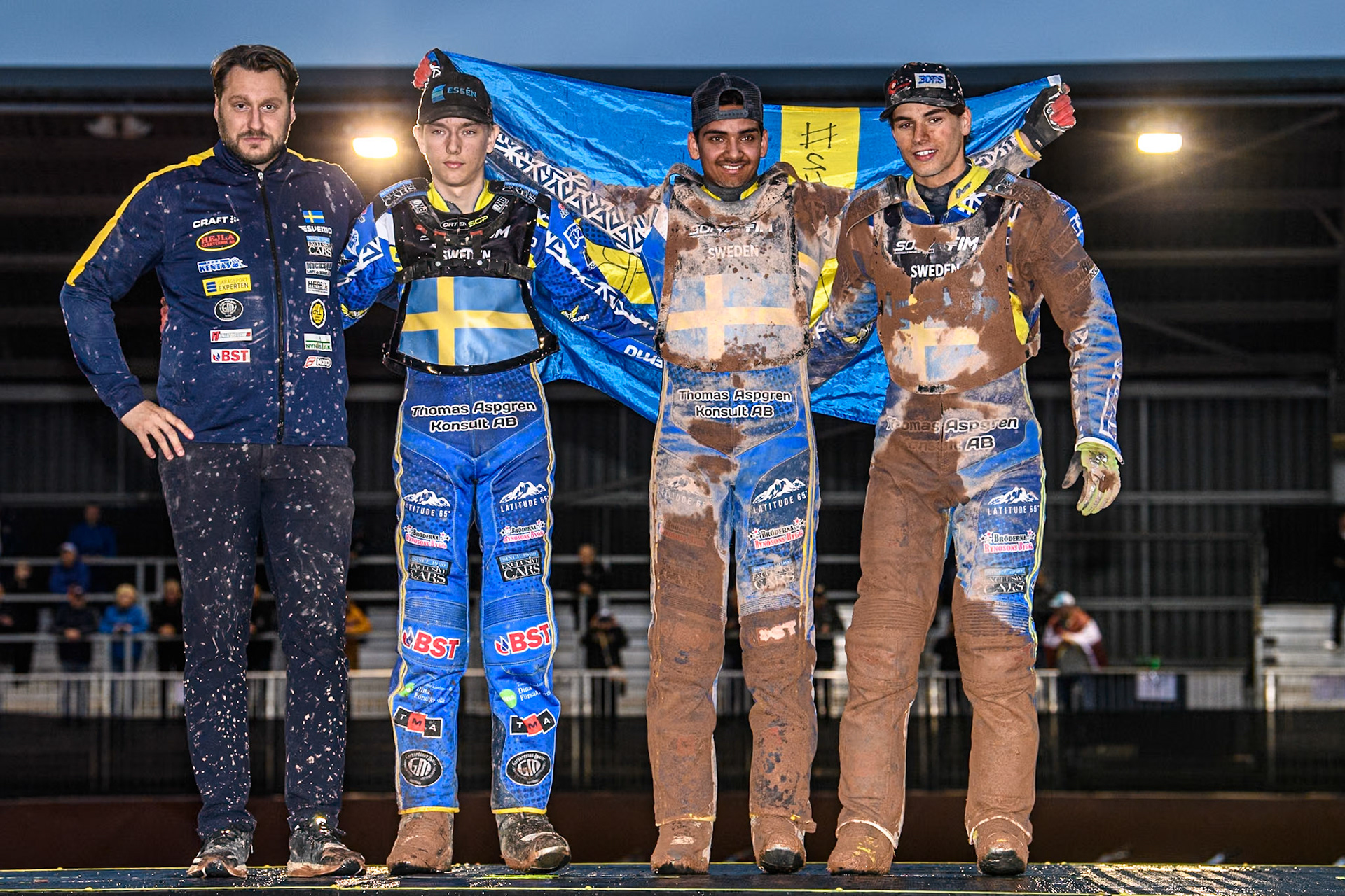Sweden - 2nd place: (L to R) Swedish Team manager, Alexander Edberg, Rasmus Karlsson, Philip Hellström-Bängs and Casper Henriksson during the Monster Energy FIM Speedway of Nations 2 (Under 21) Final at the National Speedway Stadium, Manchester on Friday 12th July 2024. (Photo: Ian Charles | MI News)