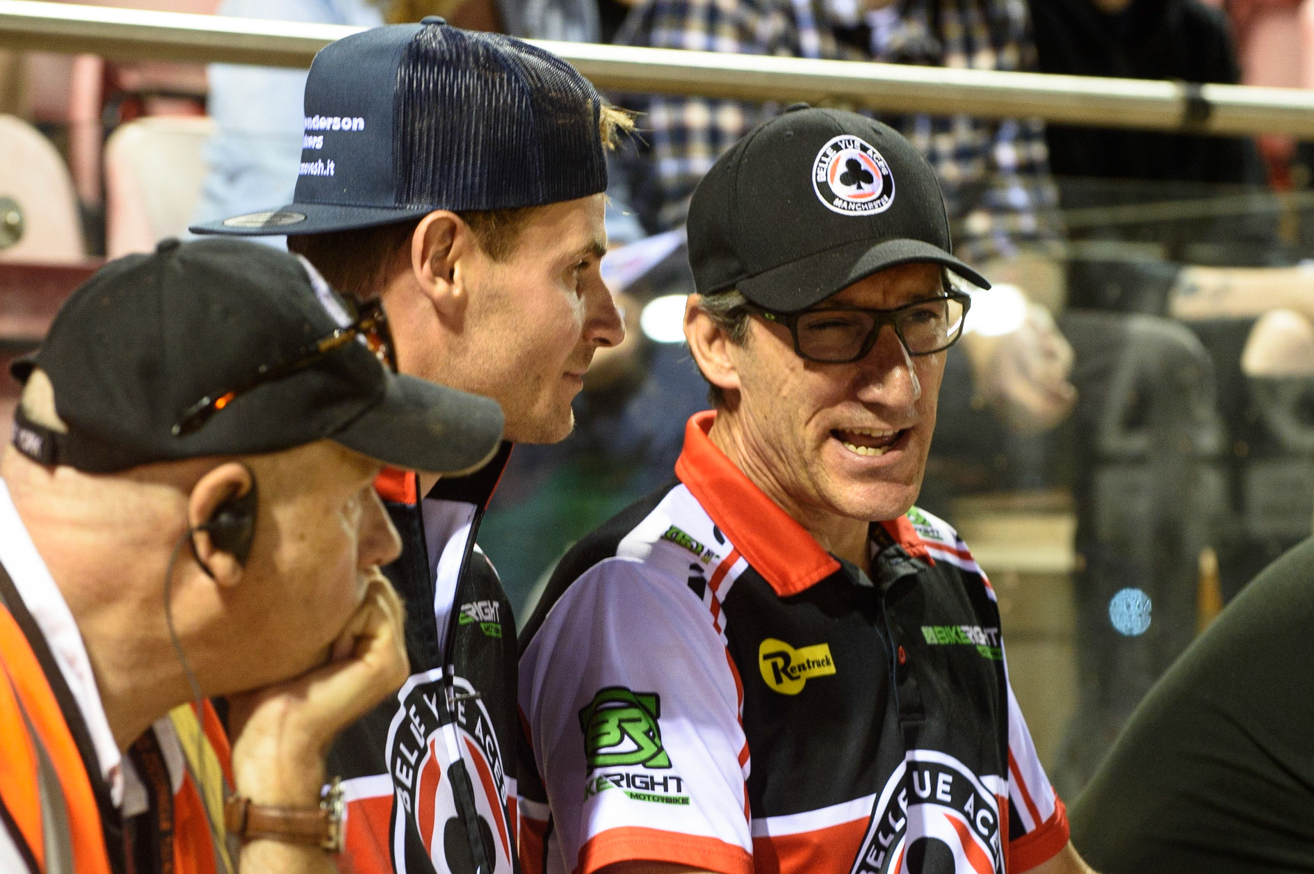 MANCHESTER, UK. SEPT 6TH  Belle Vue BikeRight Aces  injured rider Richie Worrall (Centre) with Belle Vue BikeRight Aces  manager Mark Lemon  during the SGB Premiership match between Belle Vue Aces and Sheffield Tigers at the National Speedway Stadium, Manchester on Monday 6th September 2021. (Credit: Ian Charles | MI News)