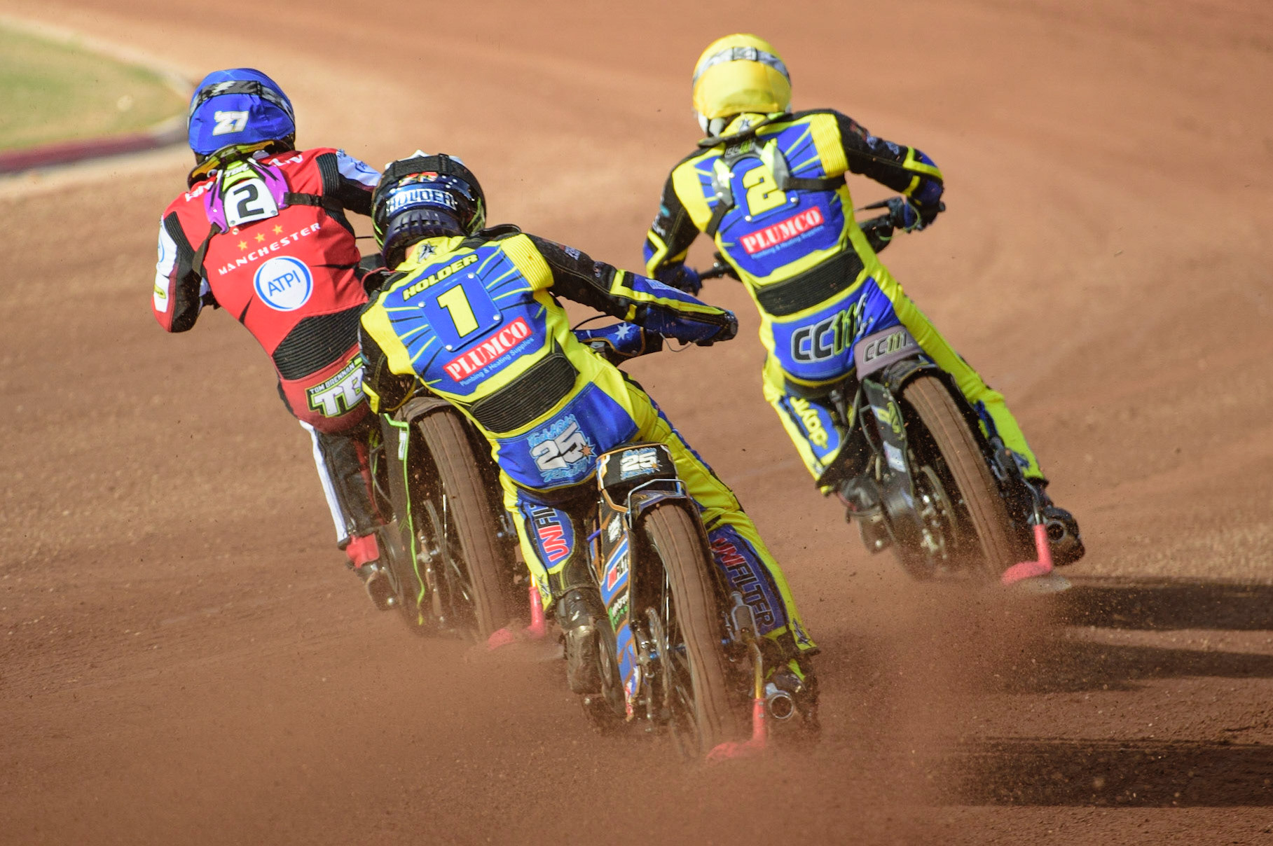 MANCHESTER, UK. JUL 5TH   Jack Holder  (White) chases Tom Brennan  (Blue) and Craig Cook  (Yellow) during the SGB Premiership match between Belle Vue Aces and Sheffield Tigers at the National Speedway Stadium, Manchester on Tuesday 5th July 2022. (Credit: Ian Charles | MI News)