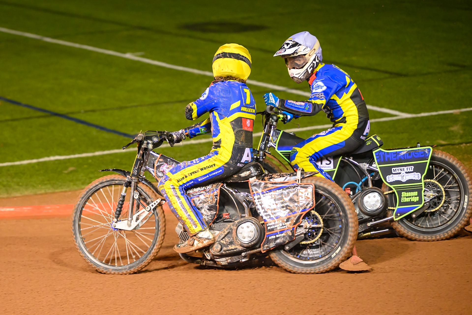 Luke Killeen of Sheffield Tigers in Yellow  and Jye Etheridge of Sheffield Tigers celebrate their maximum heat win in Heat 2 during the Rowe Motor Oil Premiership Grand Final 2nd Leg between Belle Vue Aces and Sheffield Tigers at the National Speedway Stadium, Manchester on Friday 16th October 2026. (Photo: Ian Charles | MI News)