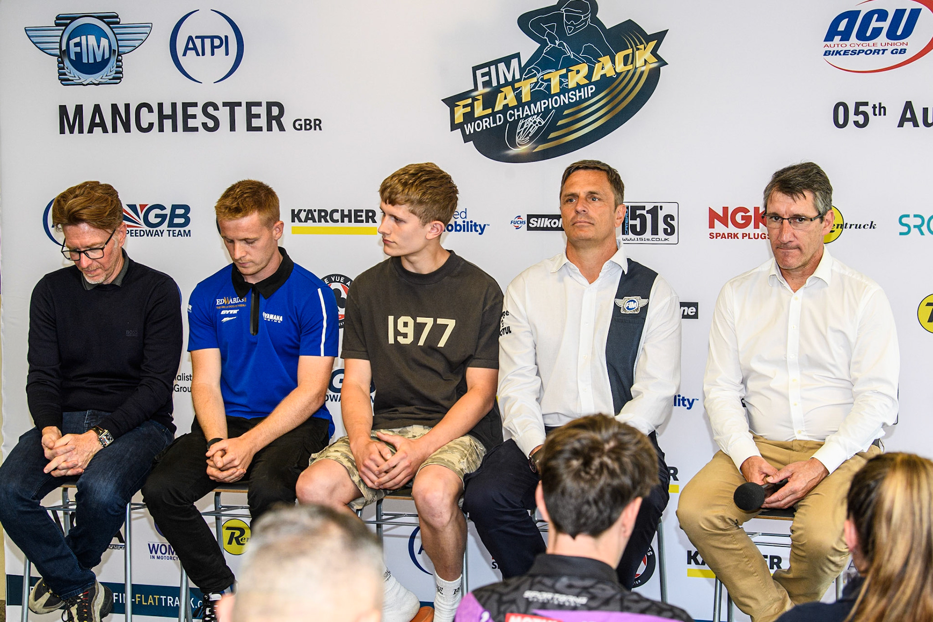 (l - r) Former World Speedway Champion and ATPI Representitive Jason Crump, British Flat Track Round Wild Card, Tim Neave, Flat Track rider Archie May, FIM Representitive Phil Morris, Belle Vue CEO Mark Lemonduring the FIM Flat Track World Championship &amp; FIM Women's Speedway Academy Launch at the National Speedway Stadium, Manchester on Monday 3rd July 2023. (Photo: Ian Charles | MI News)