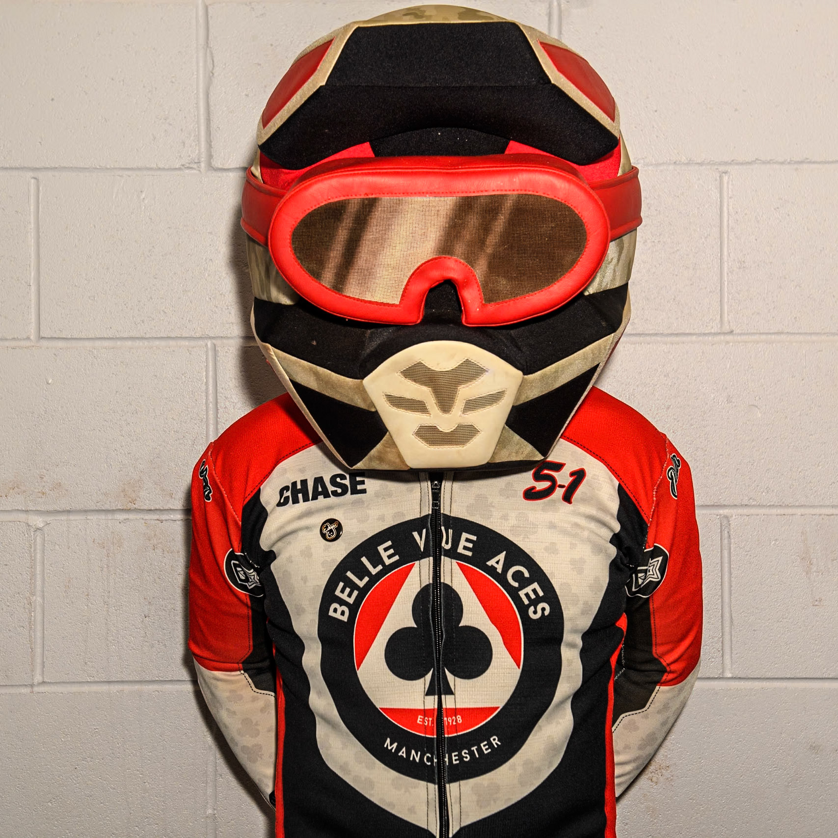 Chase The Ace - Belle Vue Aces mascot during the WSRA  National Development League match between Belle Vue Colts and Leicester Lion Cubs at the National Speedway Stadium, Manchester on Friday 29th March 2024. (Photo: Ian Charles | MI News)