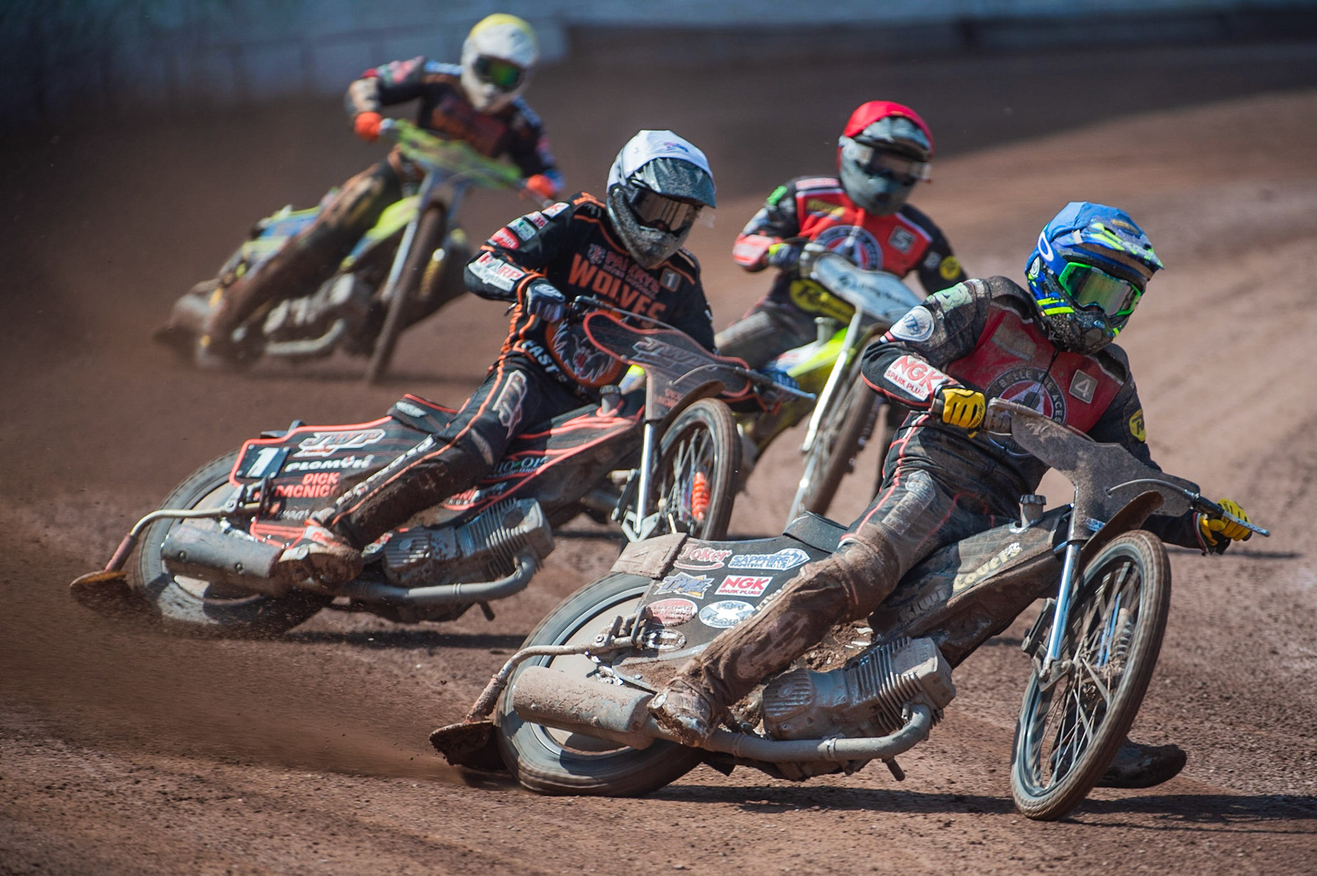 Photo by Ian Charles:

Ricky Wells  (Blue) leads Sam Masters  (White) Kenneth Bjerre  (Red) and Kyle Howarth  (Yellow)

Belle Vue Aces v Wolverhampton Wolves, National Speedway Stadium, Manchester, Monday, 22, April, 2019