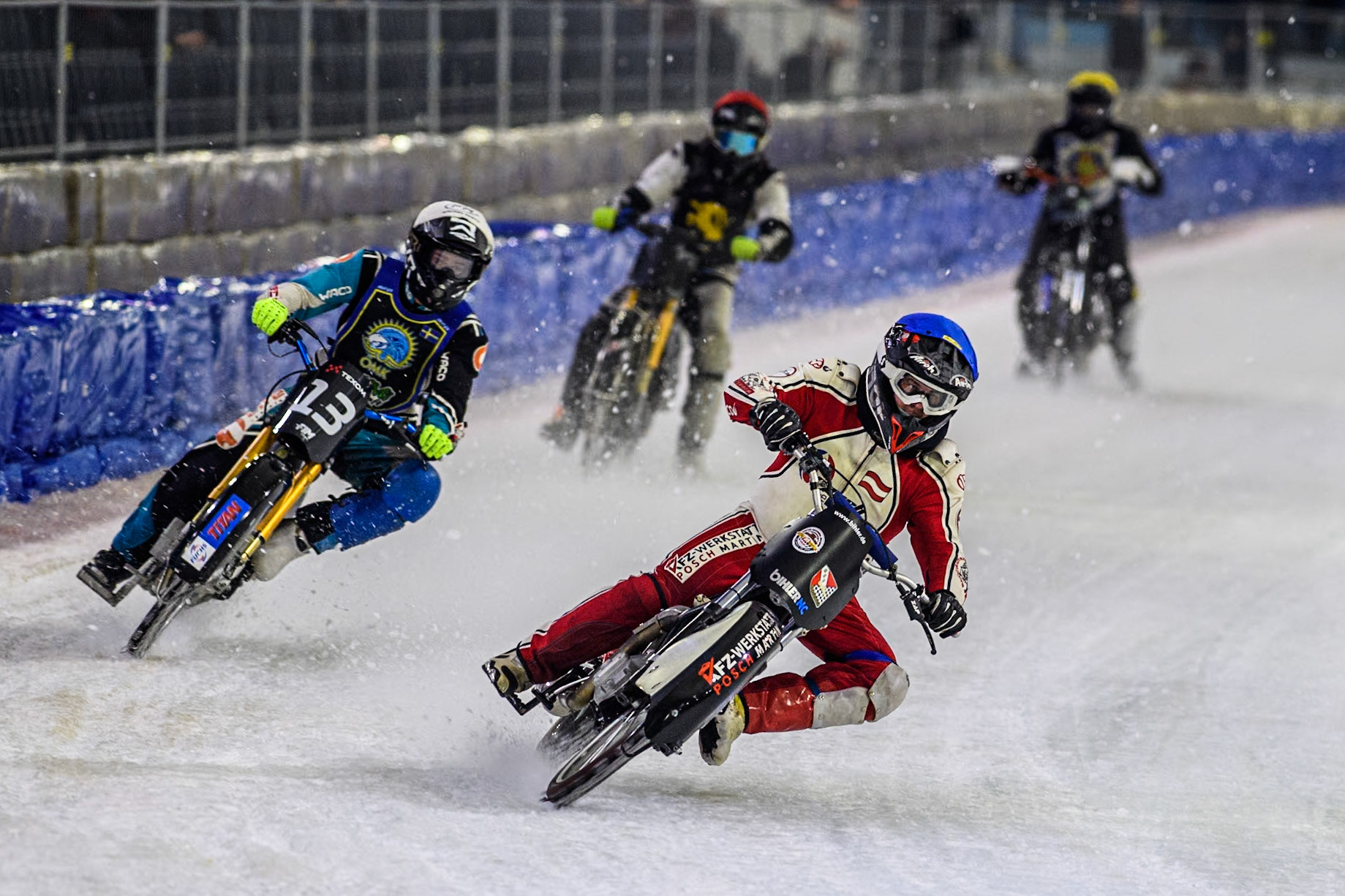 Martin Posch of Austria in Blue leading Filip Jäger of Sweden in White, Isak Dekkerhus of Sweden in Yellow and Atte Suolammi of Finland in Red during the Roelof Thijs Bokaal at Ice Rink Thialf, Heerenveen, The Netherlands on Friday 5th April 2024. (Photo: Ian Charles | MI News)
