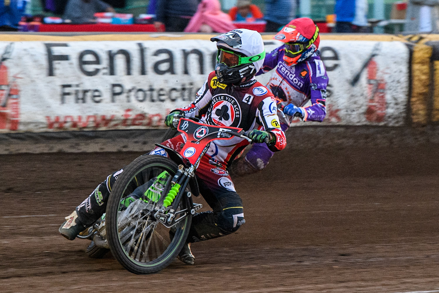 Charles Wright (White) leads Richie Worrall (Red) during the Sports Insure Premiership match between Peterborough and Belle Vue Aces at East of England Showground, Peterborough on Monday 26th June 2023. (Photo: Ian Charles | MI News)