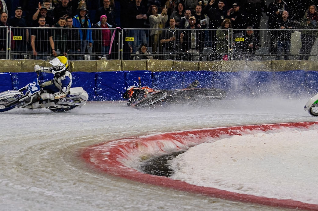Reserve  Sweden's Filip Jäger (17) slides off into the bales during the FIM Ice Speedway Gladiators World Championship Final 3 at Ice Rink Thialf, Heerenveen on Saturday 6th April 2024. (Photo: Ian Charles | MI News)