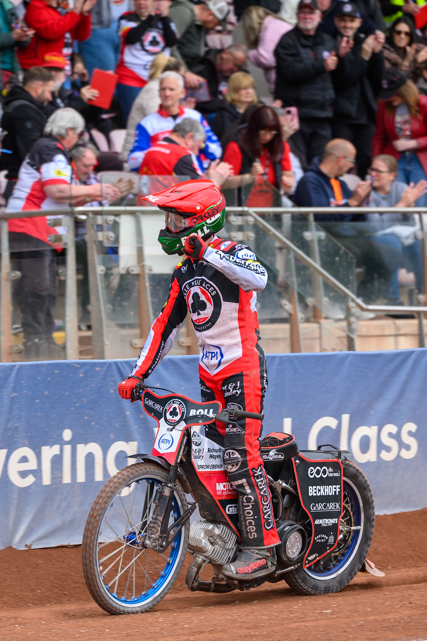 Brady Kurtz of Belle Vue Aces  waves to the fans after Heat 15 during the Rowe Motor Oil Premiership match between Belle Vue Aces and Northampton Foxes at the National Speedway Stadium, Manchester on Monday 4th May 2026. (Photo: Ian Charles | MI News)