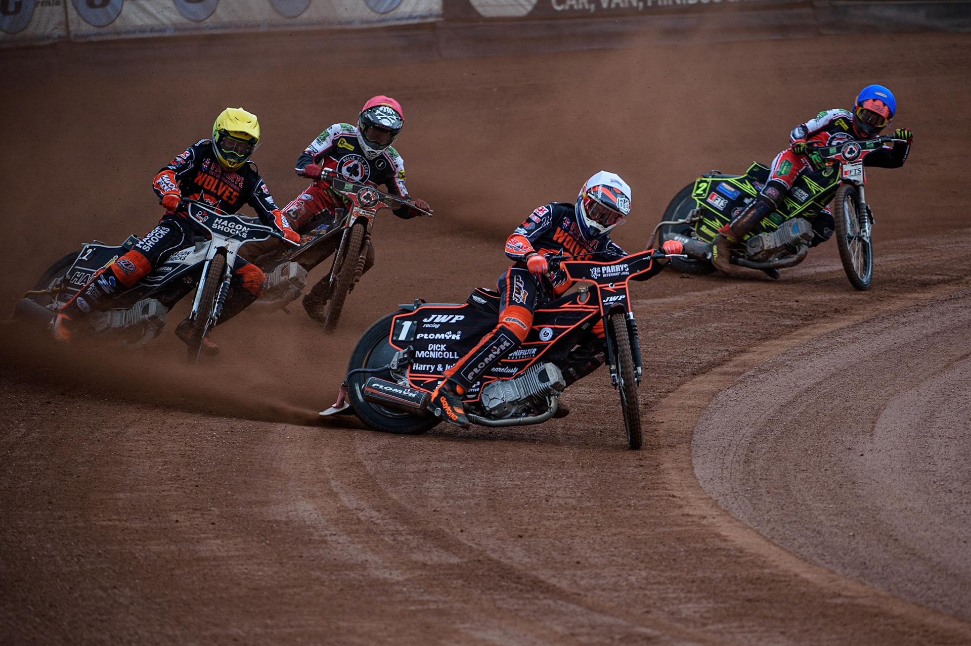 MANCHESTER, UK. AUGUST 30TH Sam Masters  (White) and Broc Nicol  (Yellow) leads Dan Bewley  (Red) and Jye Etheridge  (Blue) during the SGB Premiership match between Belle Vue Aces and Wolverhampton Wolves at the National Speedway Stadium, Manchester on Monday 30th August 2021. (Credit: Ian Charles | MI News)