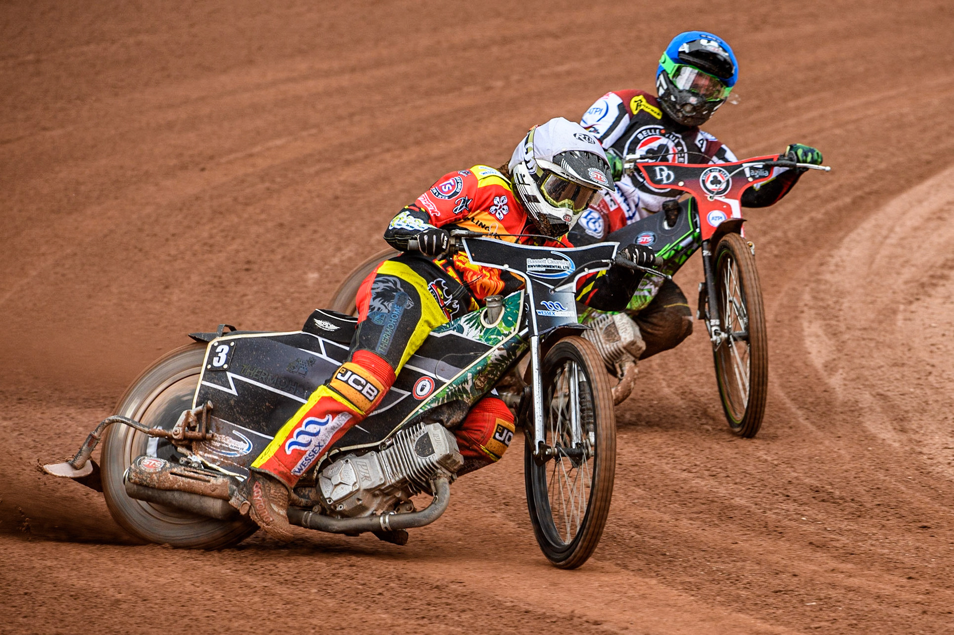 Richard Lawson  (White) leads Charles Wright   (Blue) during the SGB Premiership match between Belle Vue Aces and Leicester Lions at the National Speedway Stadium, Manchester on Monday 1st May 2023. (Photo: Ian Charles | MI News)