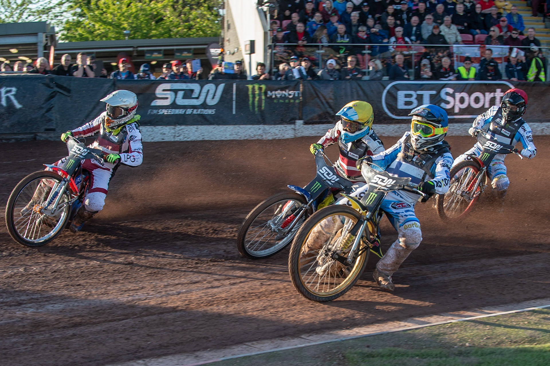Photo: Ian Charles

Finland v Latvia: Tero Aarnio (Blue) inside Andzejs Lebedevs (White) and Jevgenijs Kostigovs (Yellow) with Jesse Mustonen (Red) behind

Monster Energy FIM Speedway Of Nations, Race Off 2, Belle Vue National Speedway Stadium, Manchester 7 May  2019