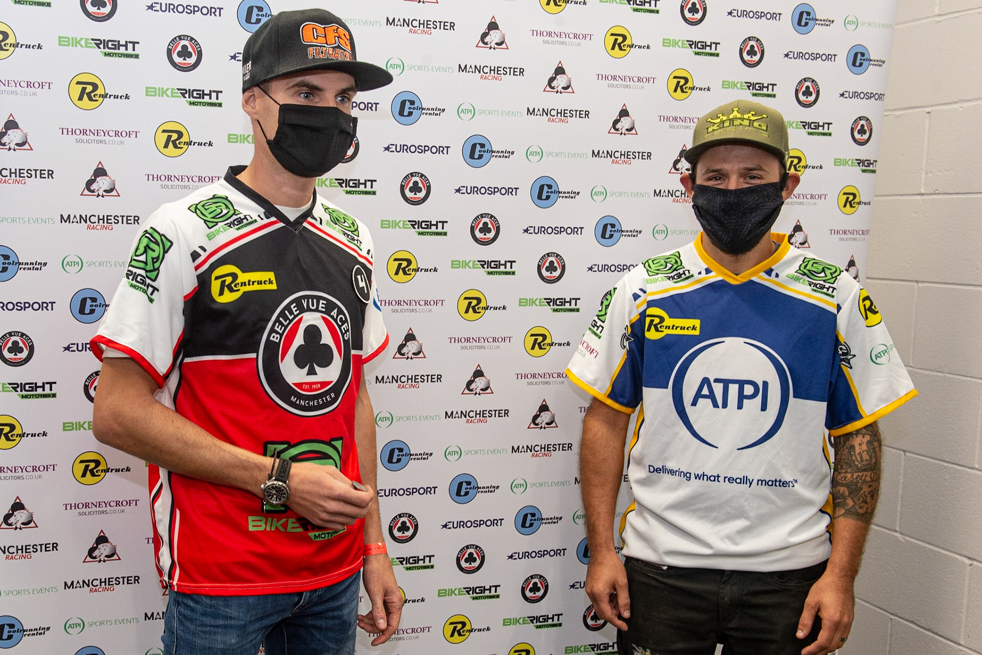 Photo: Ian CharlesSteve Worrall, Captain of Belle Vue 'BikeRight' Aces (left) and Danny King Captain of the 'ATPI' All Stars do the coin toss before the meetingBelle Vue ‘Bikerite ’Aces v ‘ATPI’ All Stars, Premiership Challenge, National Speedway Stadium, Manchester Thursday  24  September  2020