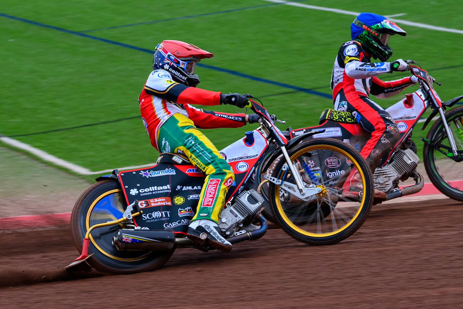 Jason Doyle of Belle Vue Aces in Red rides outside William Cairns of Belle Vue Aces in Blue during the Rowe Motor Oil Premiership match between Belle Vue Aces and Leicester Lions at the National Speedway Stadium, Manchester on Monday 15th June 2026. (Photo: Ian Charles | MI News)