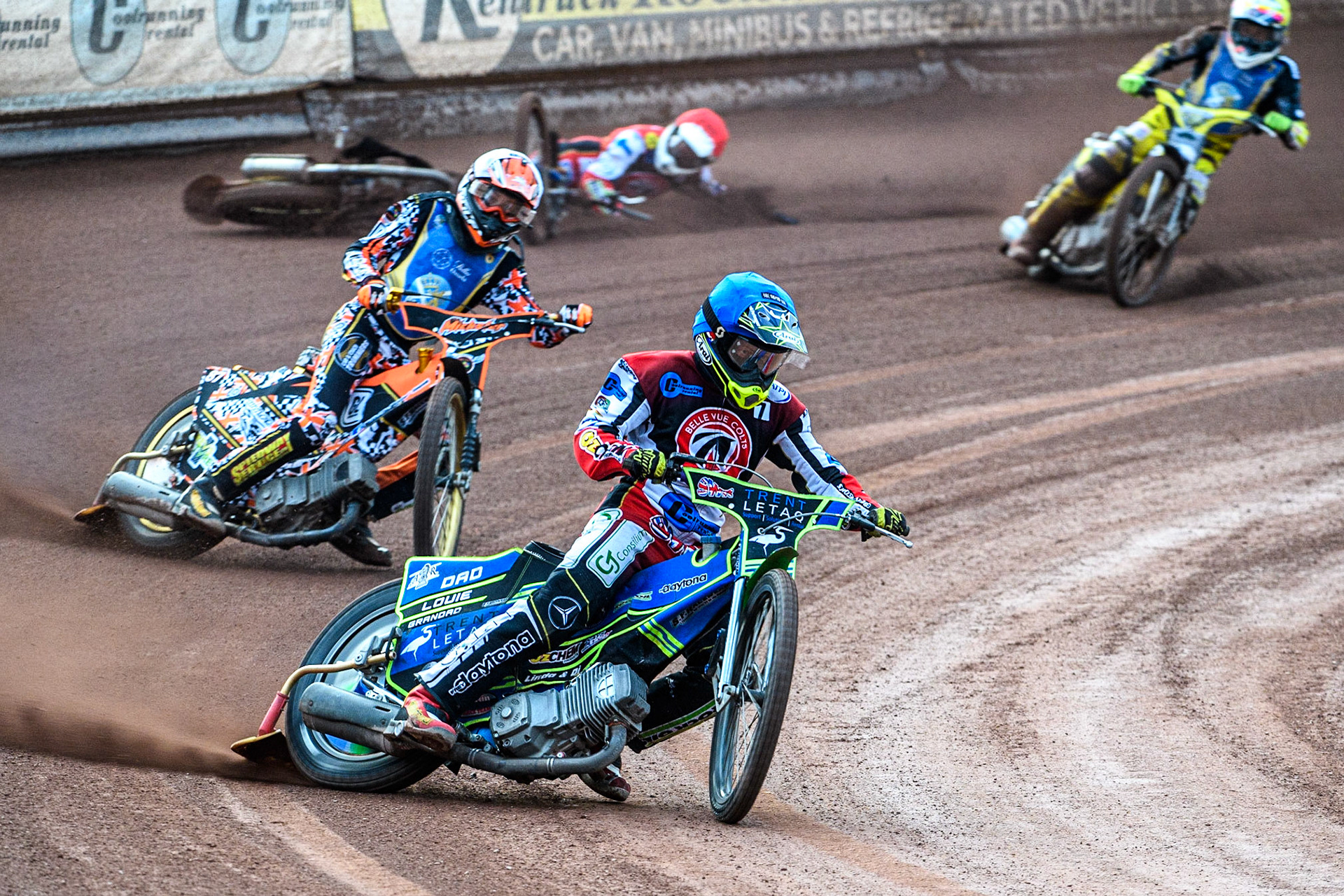 Luke Muff (Blue) leads Mickie Simpson (White) as Paul Bowen (Red) slides off behind during the National Development League match between Belle Vue Colts and Edinburgh Monarchs Academy at the National Speedway Stadium, Manchester on Friday 21st July 2023. (Photo: Ian Charles | MI News)