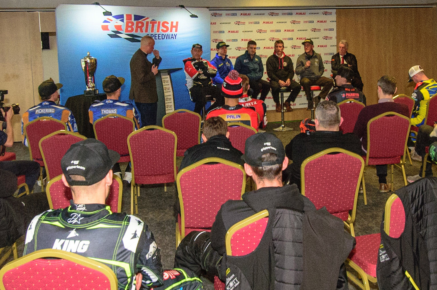 MANCHESTER, UK. APRIL 12TH: A view of the Managers Press Conference at the Discovery Networks Eurosport Speedway Season Launch at the National Speedway Stadium, Manchester on Tuesday 12th April 2022 (Credit: Ian Charles | MI News)