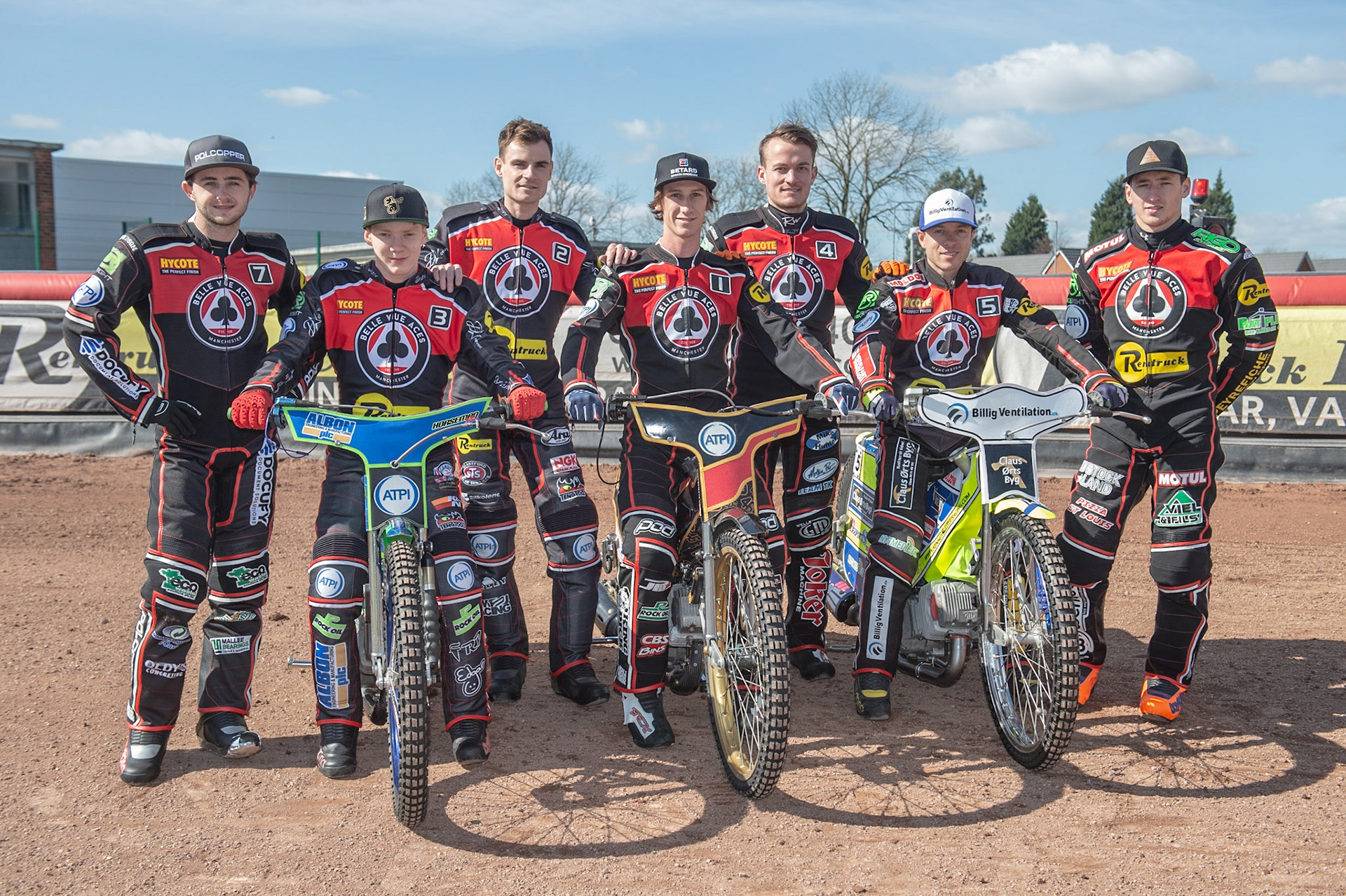 Photo by Ian Charles:

Belle Vue Aces: 
Rear: (l-r) Jaimon Lidsey, Dan Bewley, Steve Worrall, Max Fricke, Ricky Wells, Kenneth Bjerre, Dimitri Berge

Belle Vue Speedway Press & Practice Day, National Speedway Stadium, Manchester, Monday, 25, March, 2019