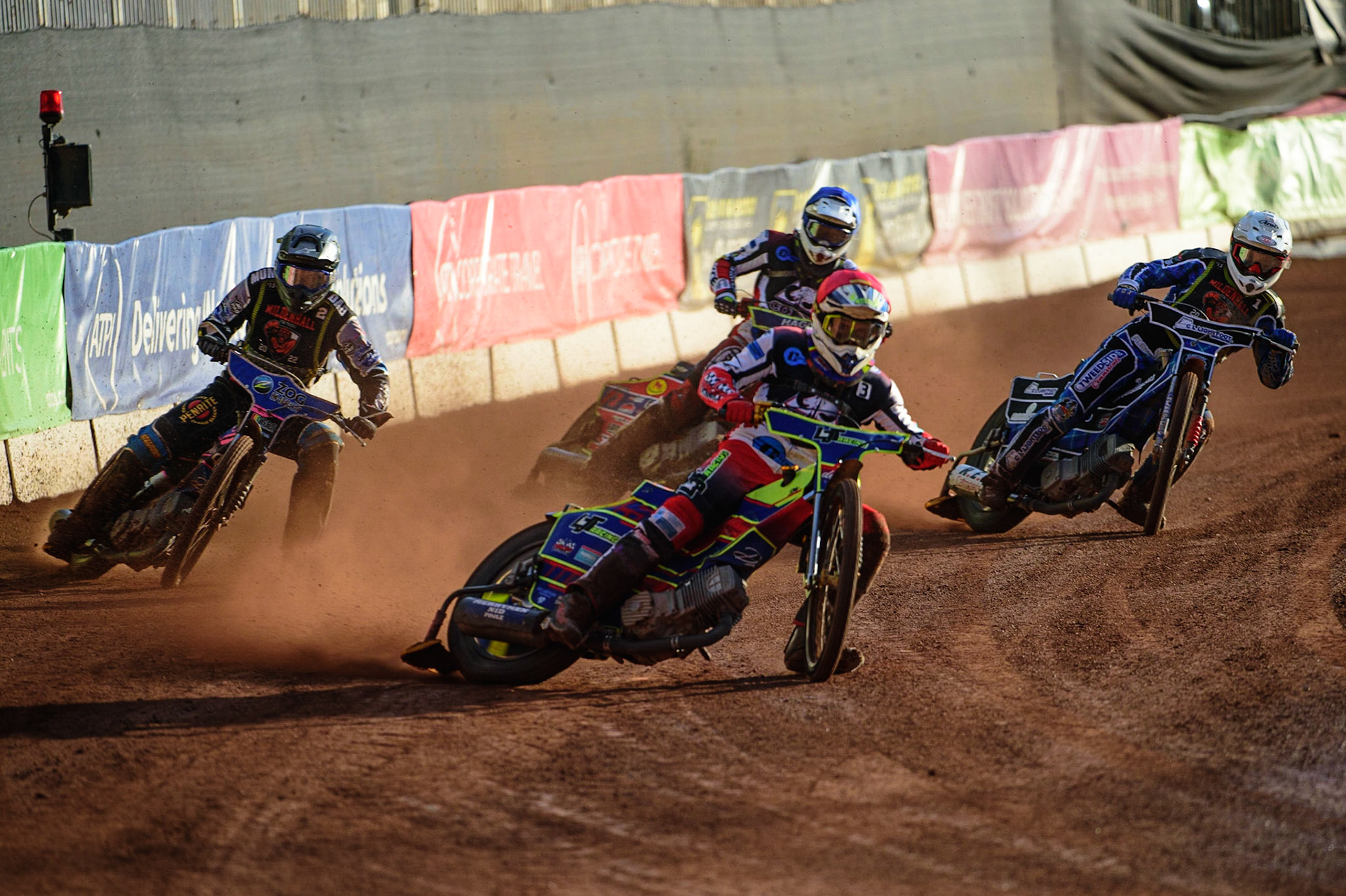 Nathan Ablitt   (Red) leads Greg Blair  (White), Matt Marson  (Yellow) and Jake Mulford  (Blue) during the National Development League match between Belle Vue Colts and Mildenhall Fens Tigers at the National Speedway Stadium, Manchester on Friday 15th July 2022. (Credit: Ian Charles | MI News)