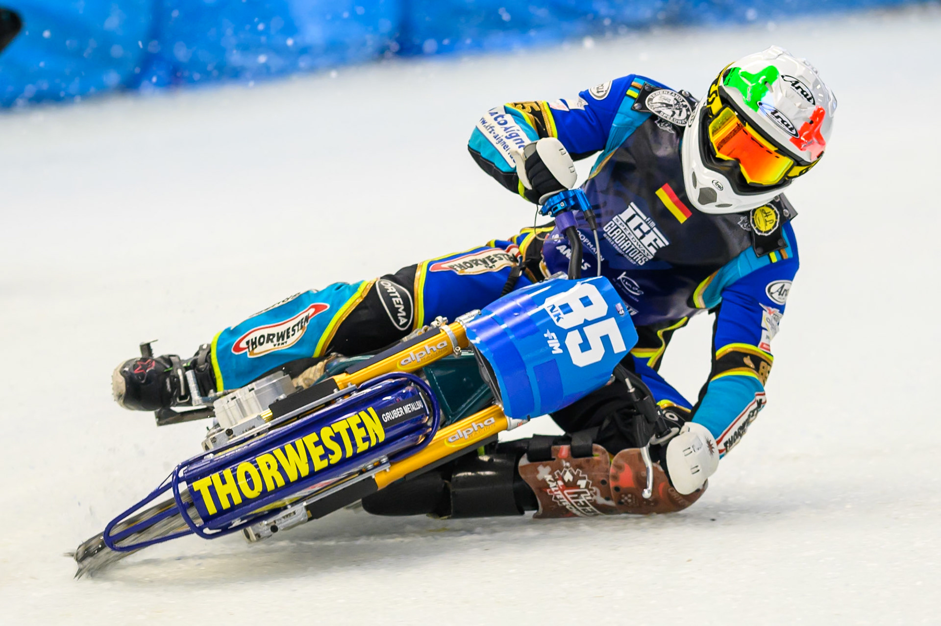 Luca Bauer (85) of Italy/Germany during Practice for the Ice Speedway Gladiators World Championship Finals at Max-Aicher-Arena, Inzell on Friday 13th March 2026. (Photo: Ian Charles | MI News)