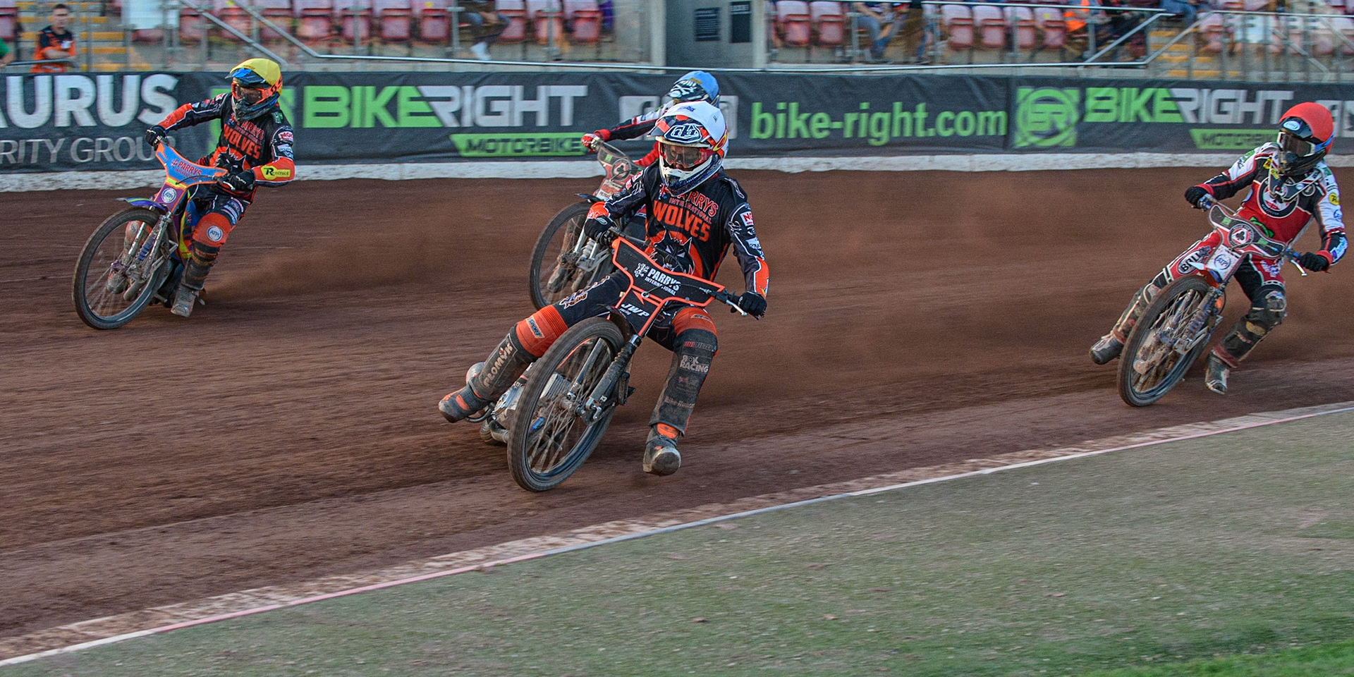MANCHESTER, UK. JULY 15TH   Sam Masters  (White) and Rory Schlein  (Yellow) lead Brady Kurtz  (Red) and Dan Bewley  (Blue) during the SGB Premiership match between Belle Vue Aces and Wolverhampton Wolves at the National Speedway Stadium, Manchester on Thursday 15th July 2021. (Credit: Ian Charles | MI News)