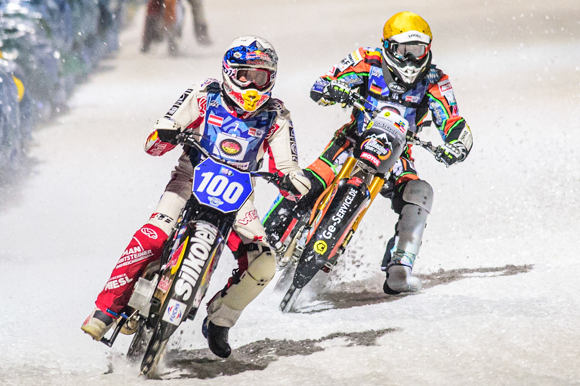 Franz Zorn (White) leads Markus Jell (Yellow) during the German Individual Ice Speedway Championship at Horst-Dohm-Eisstadion, Berlin on Friday 3rd March 2023. (Photo: Ian Charles | MI News)