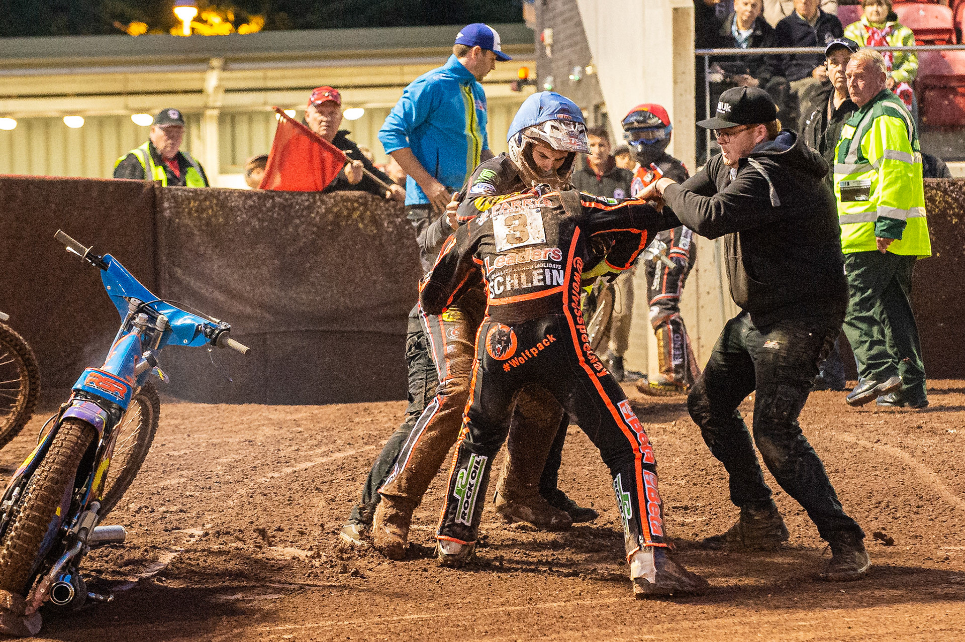 Photo by Ian Charles:

A scuffle breaks out between Rory Schlein  and Steve Worrall  after heat 10 

Belle Vue Aces v Wolverhampton Wolves, SGB Premiership, National Speedway Stadium, Manchester, Monday, 19, August, 2019