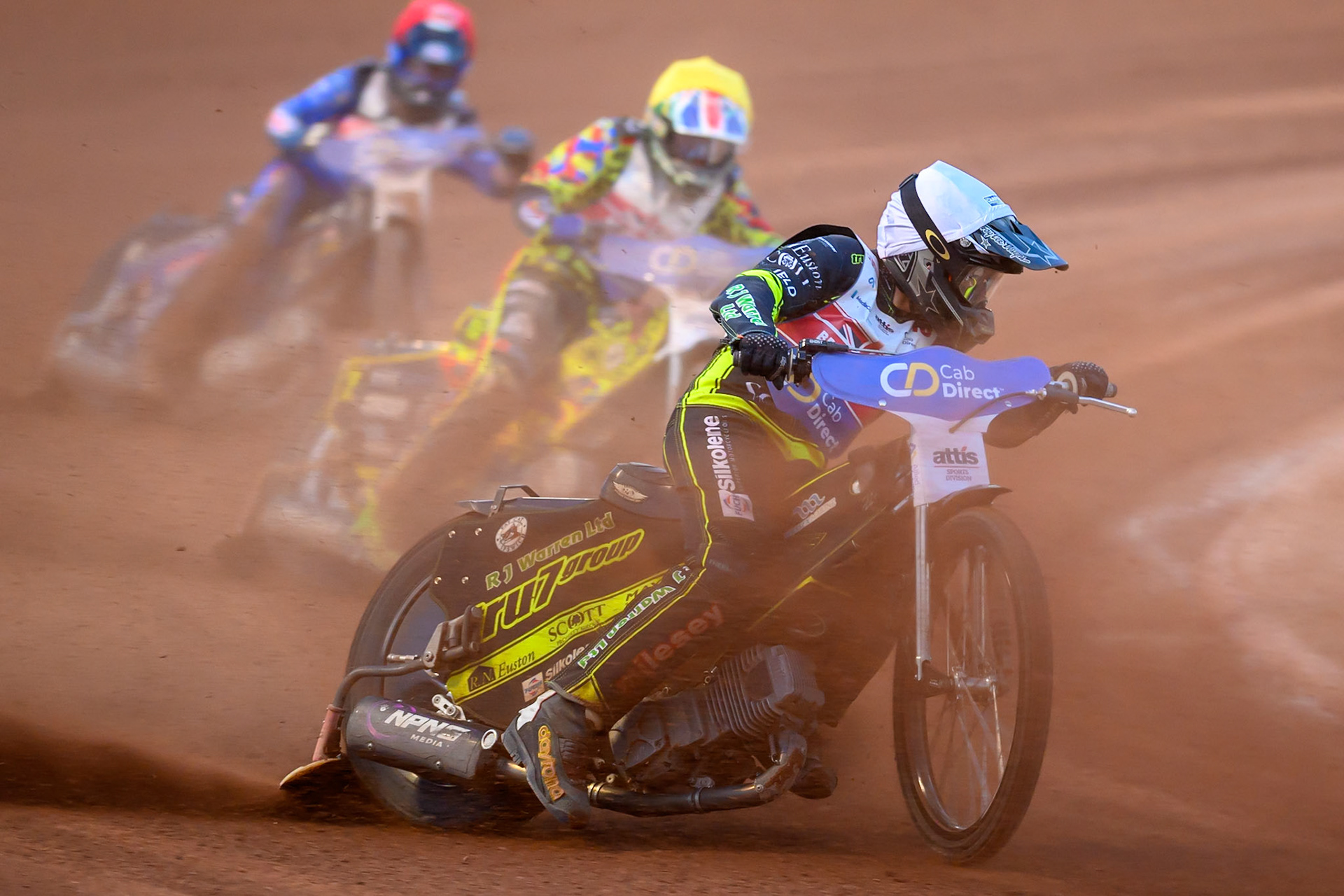 Danny King (10) in White leading Will Cairns (7) in Yellow  and Jody Scott (13) in Red during the Cab Direct British Speedway Championship Final at the National Speedway Stadium, Manchester on Saturday 15th August 2026. (Photo: Ian Charles | MI News)