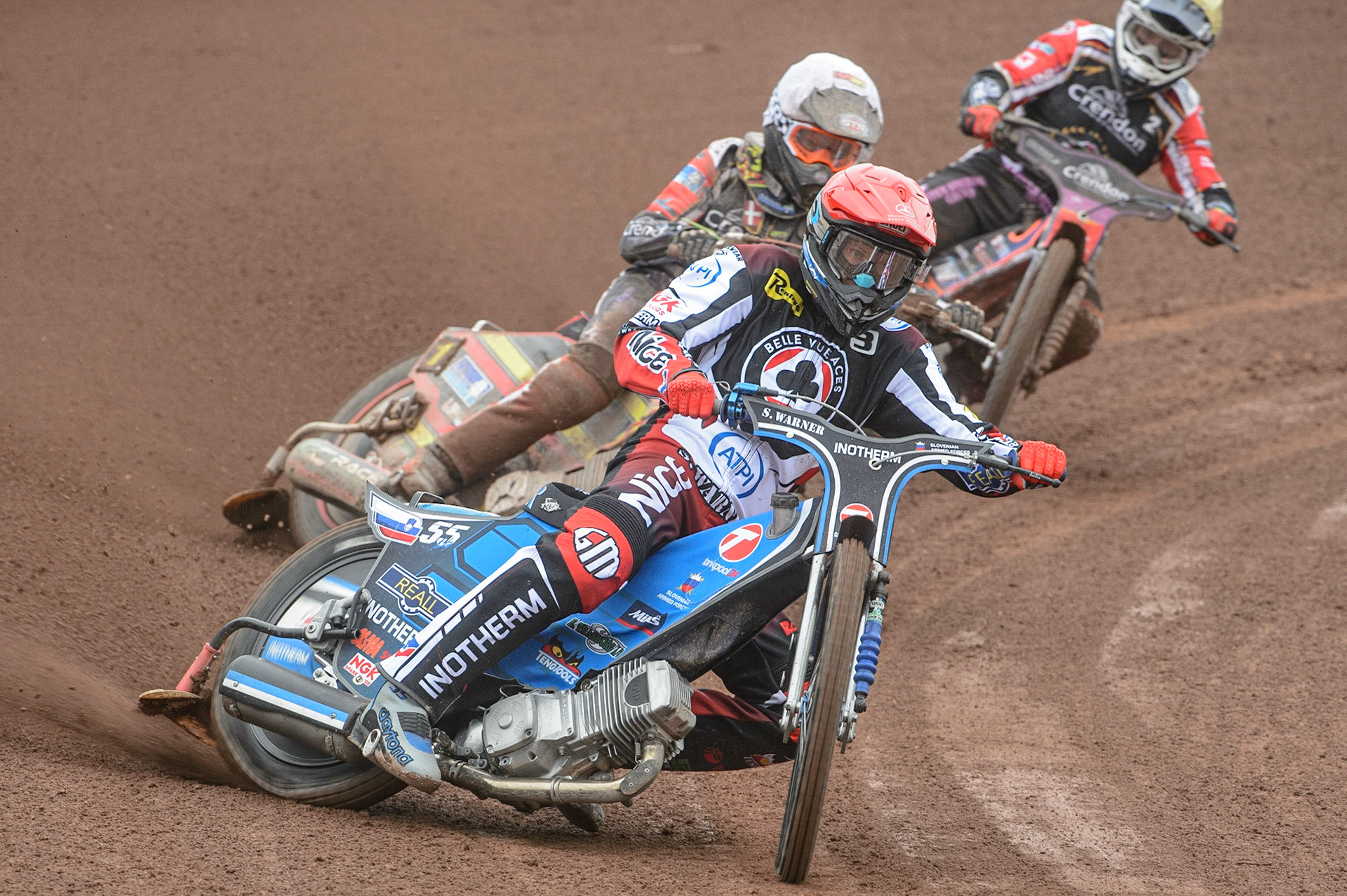 MANCHESTER, UK. MAY 2ND  Matej Žagar  (Red) leads Michael Palm Toft  (White) and Scott Nicholls  (Yellow) during the SGB Premiership match between Belle Vue Aces and Peterborough at the National Speedway Stadium, Manchester on Monday 2nd May 2022. (Credit: Ian Charles | MI News)