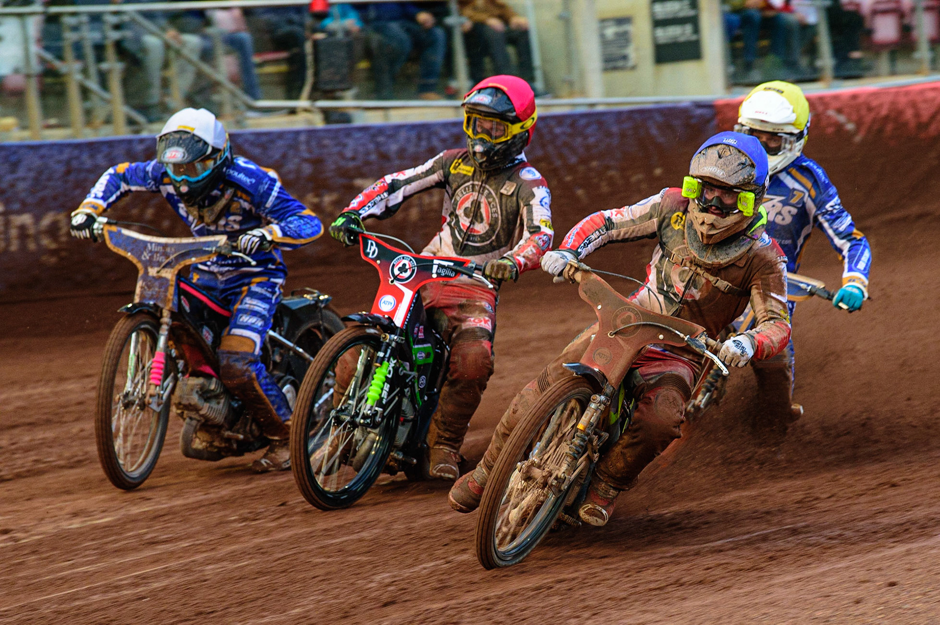 MANCHESTER, UK. MAY 16TH  Tom Brennan  (Blue) and Charles Wright  (Red) lead Jack Thomas  (Yellow) and Thomas Jorgensen  (White)during the SGB Premiership match between Belle Vue Aces and King's Lynn Stars at the National Speedway Stadium, Manchester on Monday 16th May 2022. (Credit: Ian Charles | MI News)