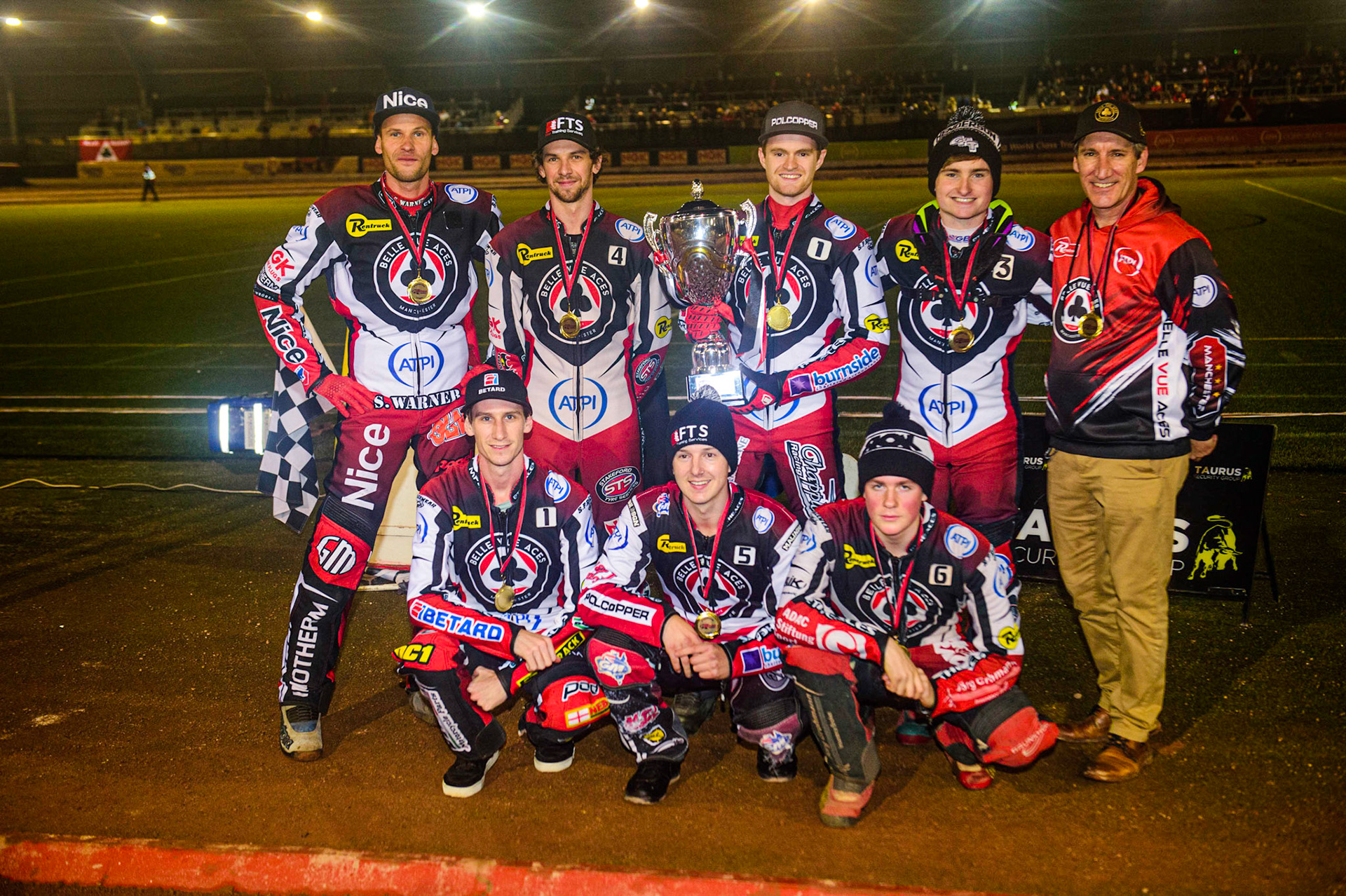 The Belle Vue Aces with their Premiership Trophy: Rear (l - r) Matej Zagar, Charles Wright, Brady Kurtz, Tom Brennan, Mark Lemon (manager), Kneeling: Max Fricke, Jye Etheridge, Norick Blodorn  during the Grant Henderson Pairs at the National Speedway Stadium, Manchester on Thursday 27th October 2022. (Credit: Ian Charles | MI NEWS)