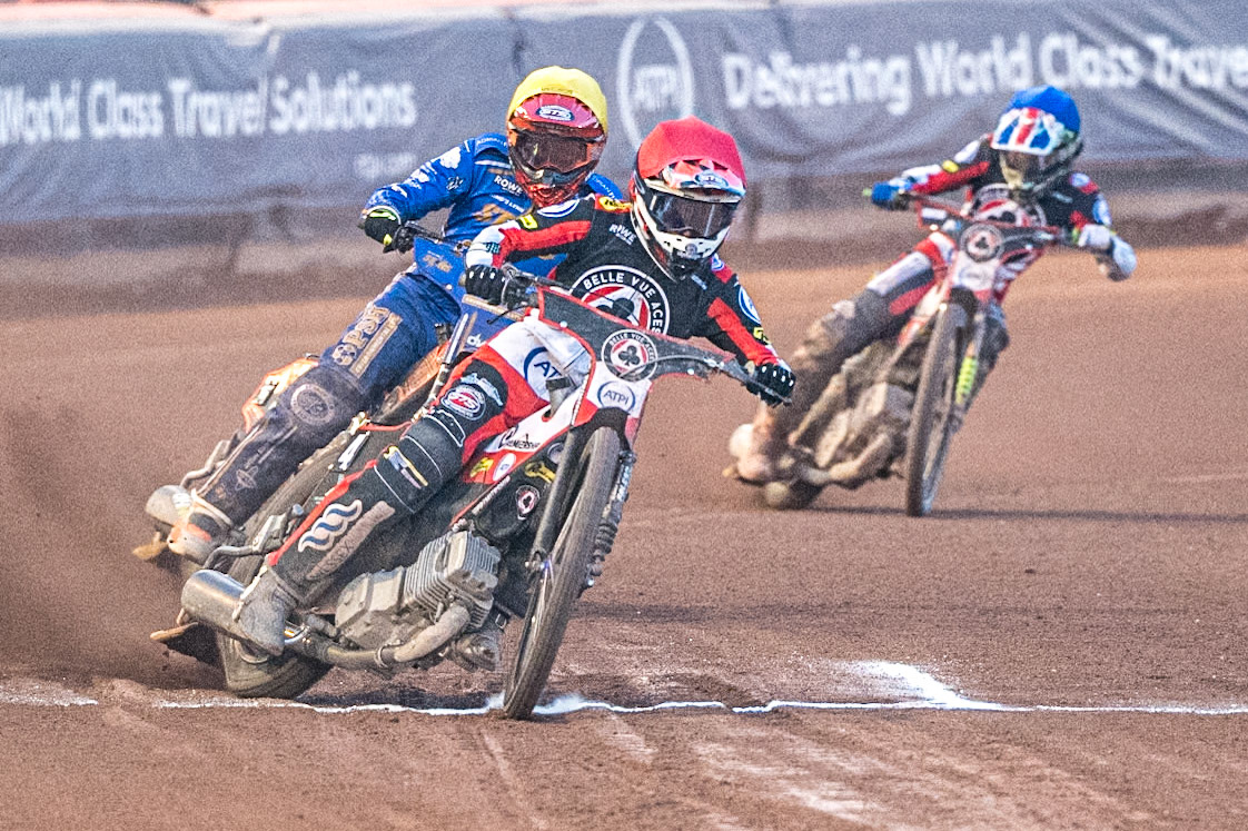 Zach Cook of Belle Vue Aces in Red leading Jordan Jenkins of Kings Lynn Stars in Yellow  and William Cairns of Belle Vue Aces in Blue  during the Rowe Motor Oil Premiership match between Belle Vue Aces and King's Lynn Stars at the National Speedway Stadium, Manchester on Monday 10th August 2026. (Photo: Ian Charles | MI News)