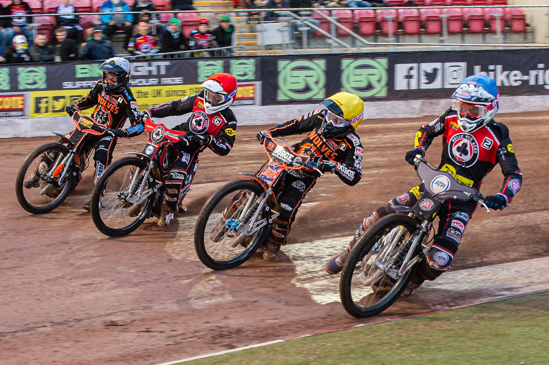 Photo by Ian Charles:

Belle Vue Aces'  Steve Worrall (Blue) inside Luke Becker (Yellow) Jaimon Lidsey (Red) and Jacob Thorssell  (White)
 
Belle Vue Aces v Wolverhampton Wolves, SGB Premiership, National Speedway Stadium, Manchester, Monday, 19, August, 2019