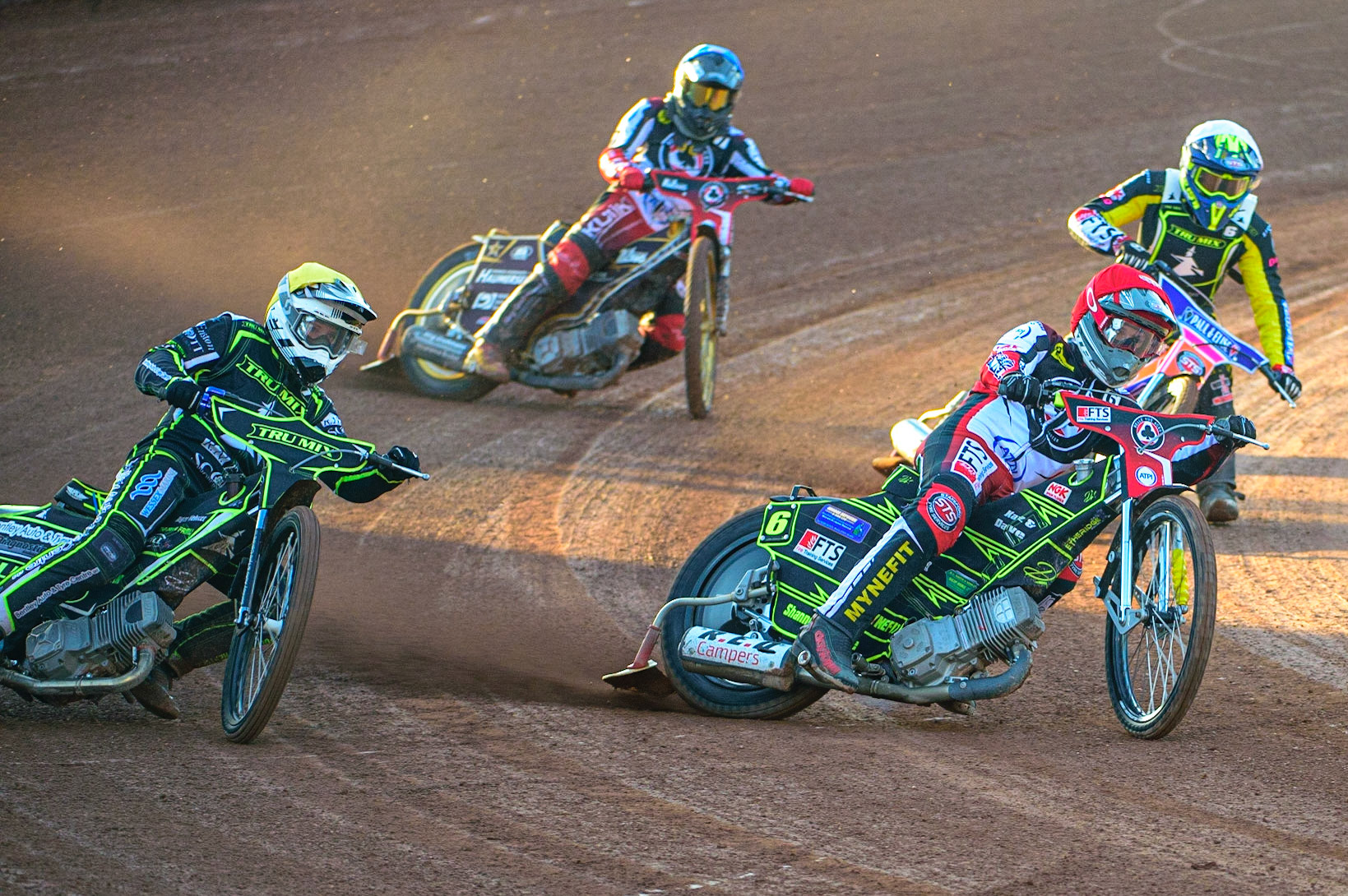 Matej Zagar  (Red) leads Danyon Hume  (Yellow), Aaron Summers  (White), and Norick Blodorn  (Blue) during the SGB Premiership match between Belle Vue Aces and Ipswich Witches at the National Speedway Stadium, Manchester on Monday 8th August 2022. (Credit: Ian Charles | MI News)