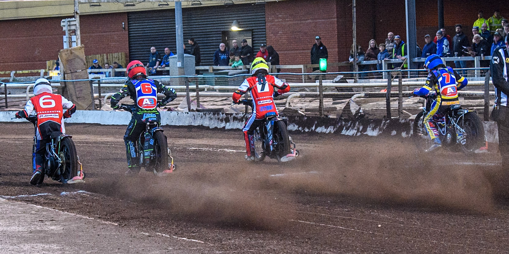 Start of Heat 2: (L to R) Belle Vue Colts' Harry Fletcher in White, Steelers' Harrison Rogers in Red, Belle Vue Colts' Billy Budd in Yellow and Steelers' Jamie Etherington in Blue during the WSRA National Development League match between Steelers and Belle Vue Colts at Owlerton Stadium, Sheffield on Monday 5th May 2025. (Photo: Ian Charles | MI News)