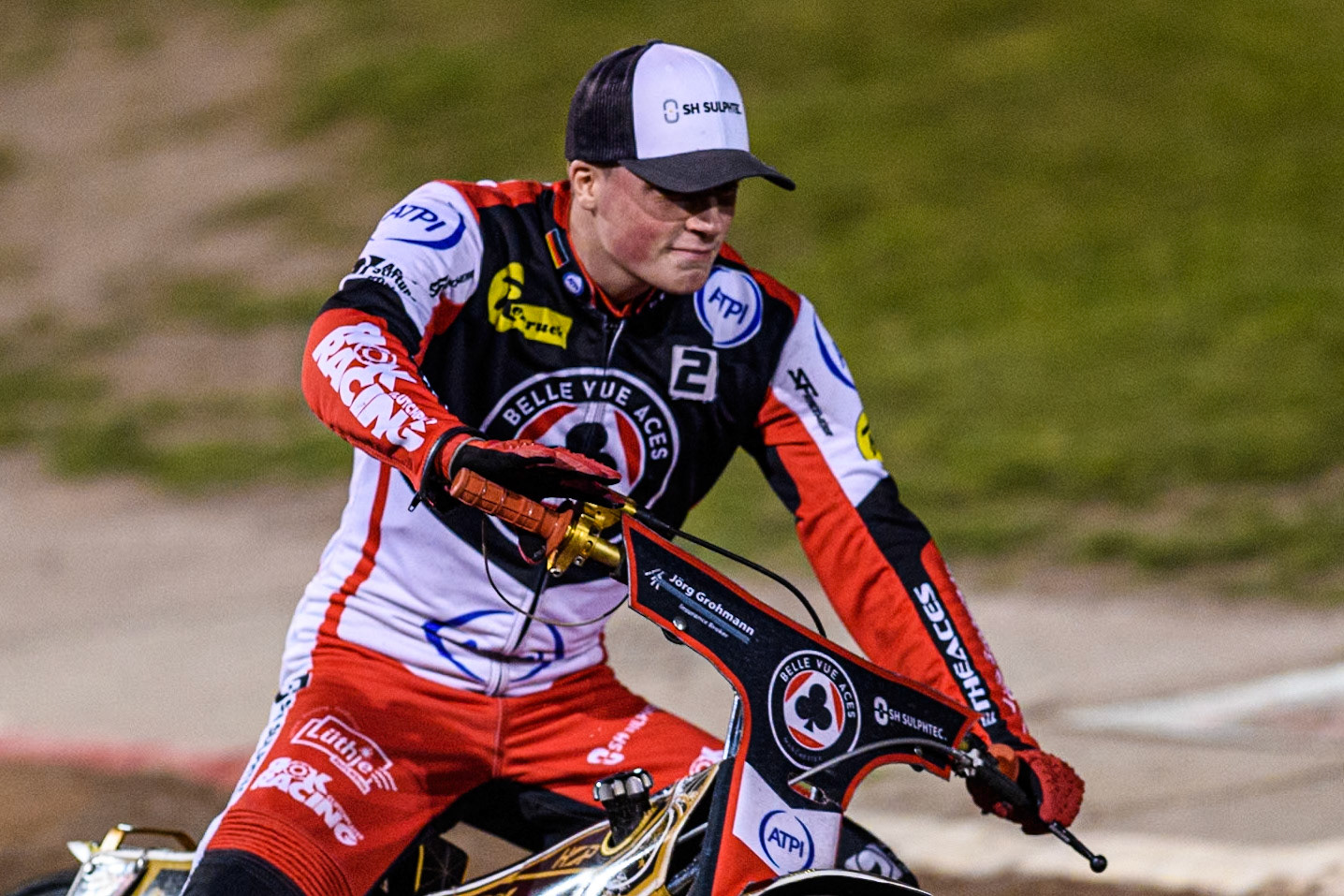 Belle Vue Aces' Norick Blodorn  on the parade lap  during the Rowe Motor Oil Premiership Play Off Semi Final 2nd leg between Sheffield Tigers and Belle Vue Aces at Owlerton Stadium, Sheffield on Thursday 19th September 2024. (Photo: Ian Charles | MI News)