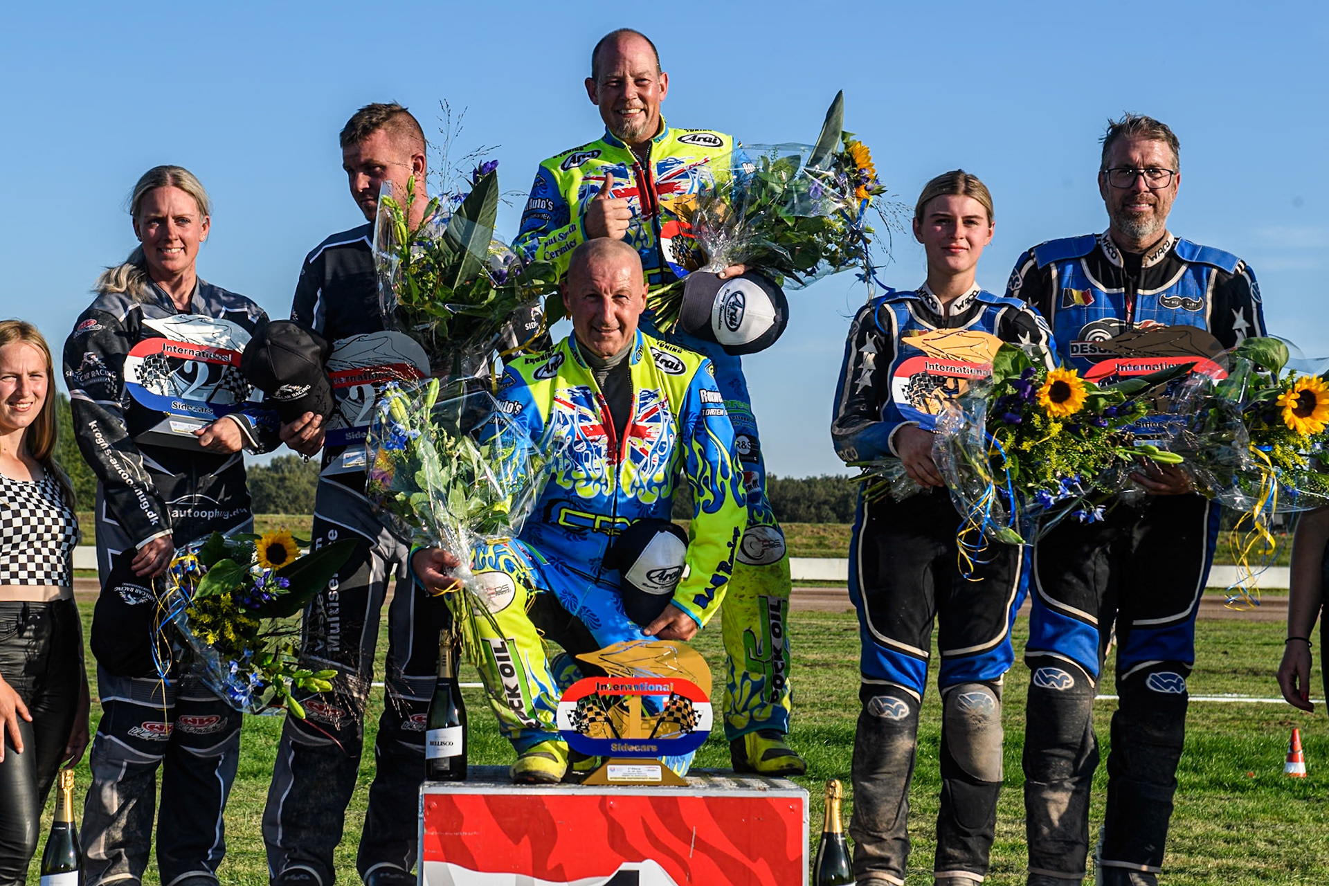 Sidecar top3: (L to R) Mike Frederiksen &amp; Jette Maersk (6) of Denmark (second), Mitch Goddard &amp; Paul Smith (9) of Great Britain Winners, Kenny Van Eeckhout &amp; Axelle Cannaerts (18) of Belgium 3rd during the FIM Long Track World Championship Final 5 at the Speed Centre Roden, Roden, Netherlands on Sunday 22nd September 2024. (Photo: Ian Charles | MI News)