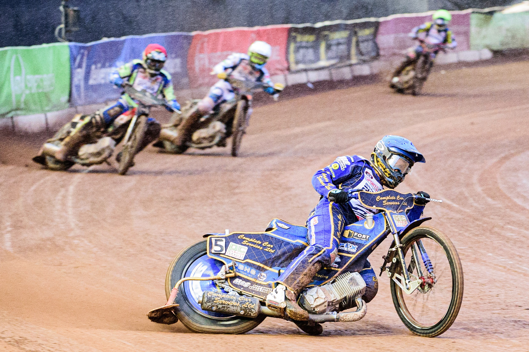 Kyle Howarth  (Blue) leads Richie Worrall  (Red) and Adam Ellis  (White) during the Sports Insure British Speedway Championship Final at the National Speedway Stadium, Bellevue, Manchester, England on Monday 1st August 2022. (Photo by: Ian Charles | MI News)