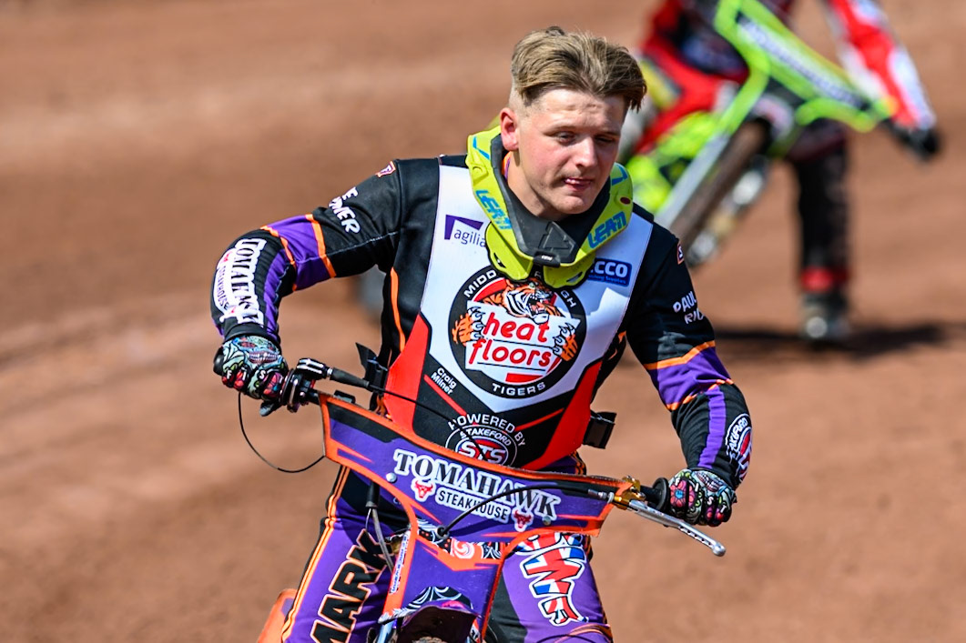 Elliot Kelly of Middlesborough Tigers  on the parade lap  during the WSRA National Development League match between Belle Vue Colts and Middlesbrough Tigers at the National Speedway Stadium, Manchester on Sunday 10th August 2025. (Photo: Mark Fletcher | MI News)